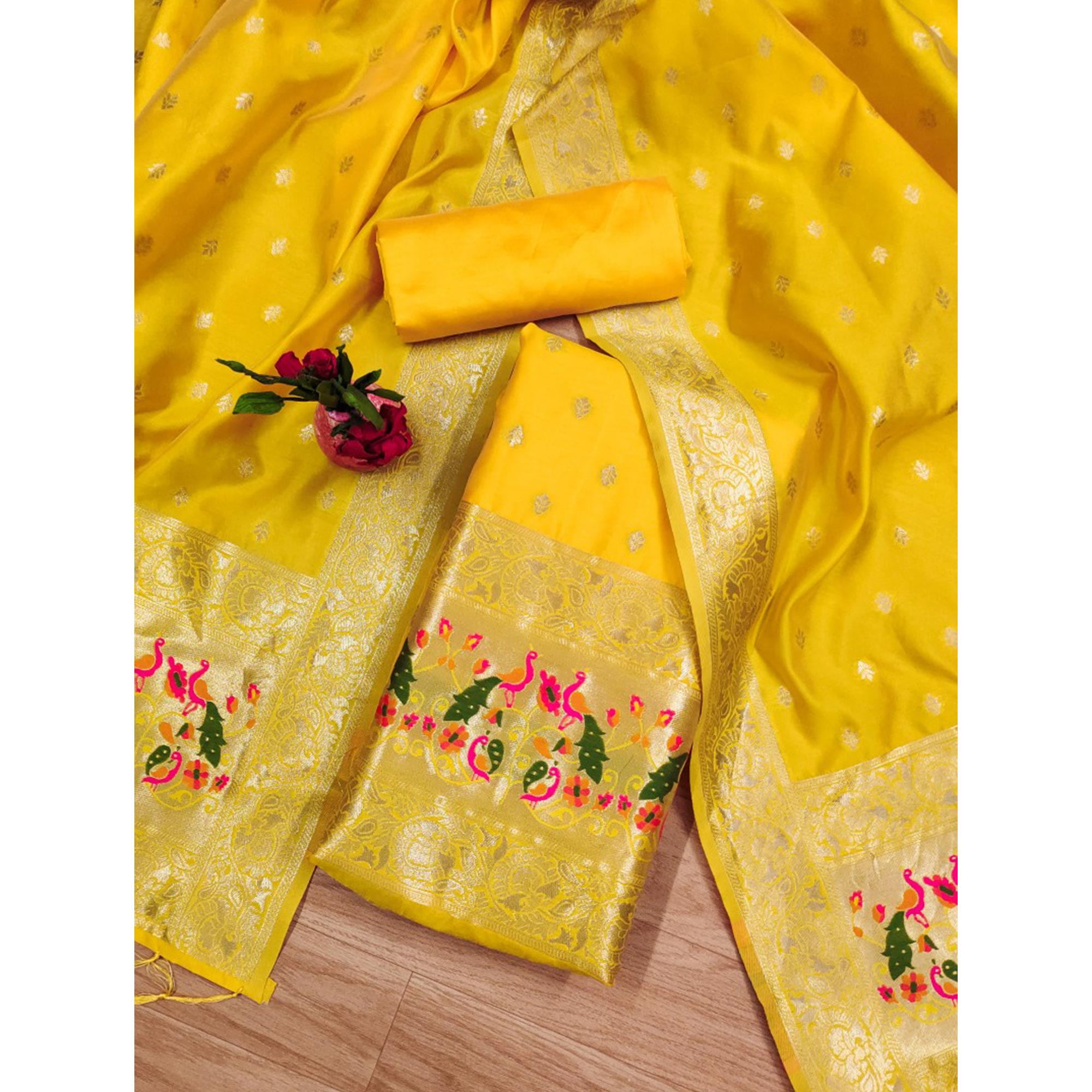 Yellow Floral Woven Banarasi Silk Dress Material