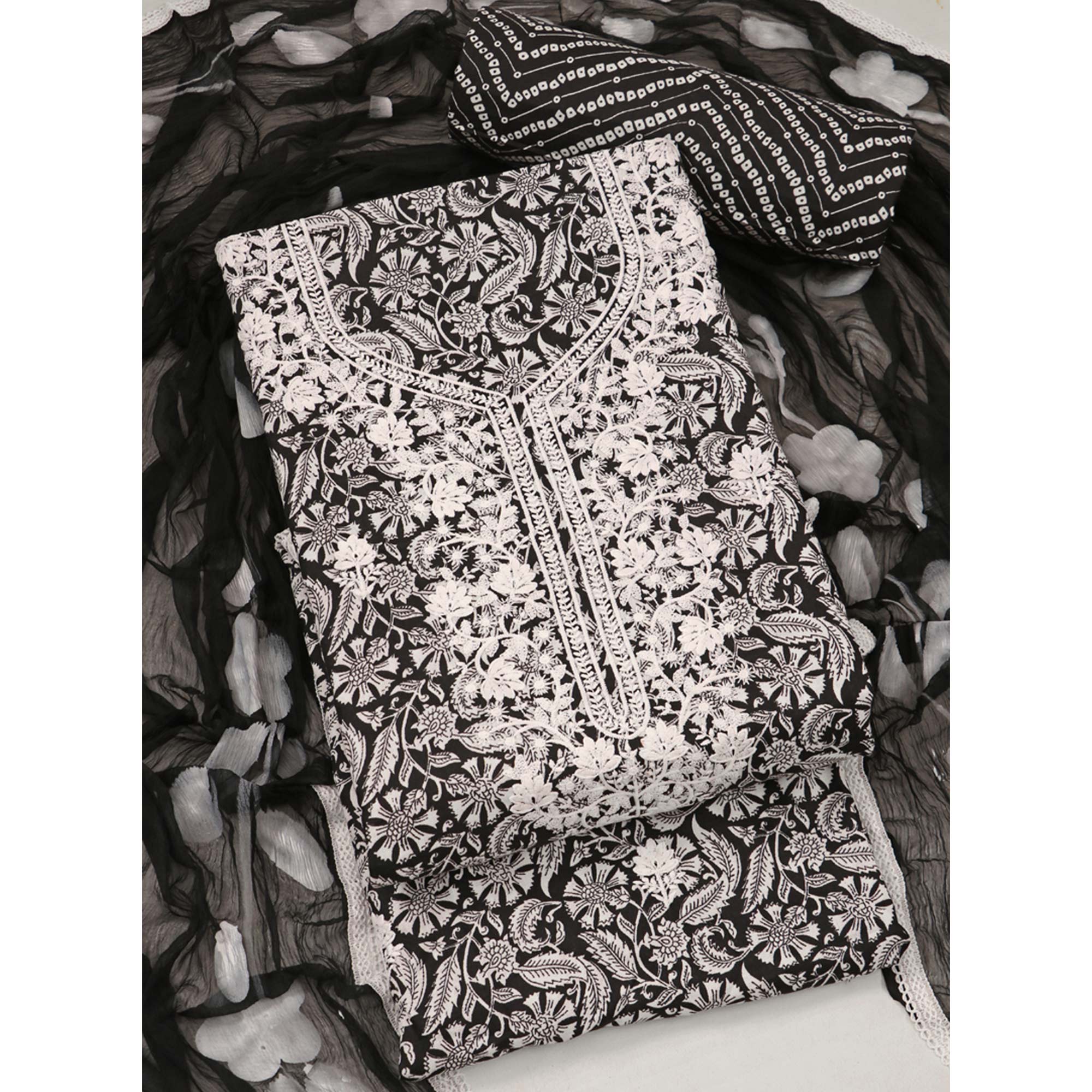 Black Printed With Embroidery Pure Cotton Dress Material