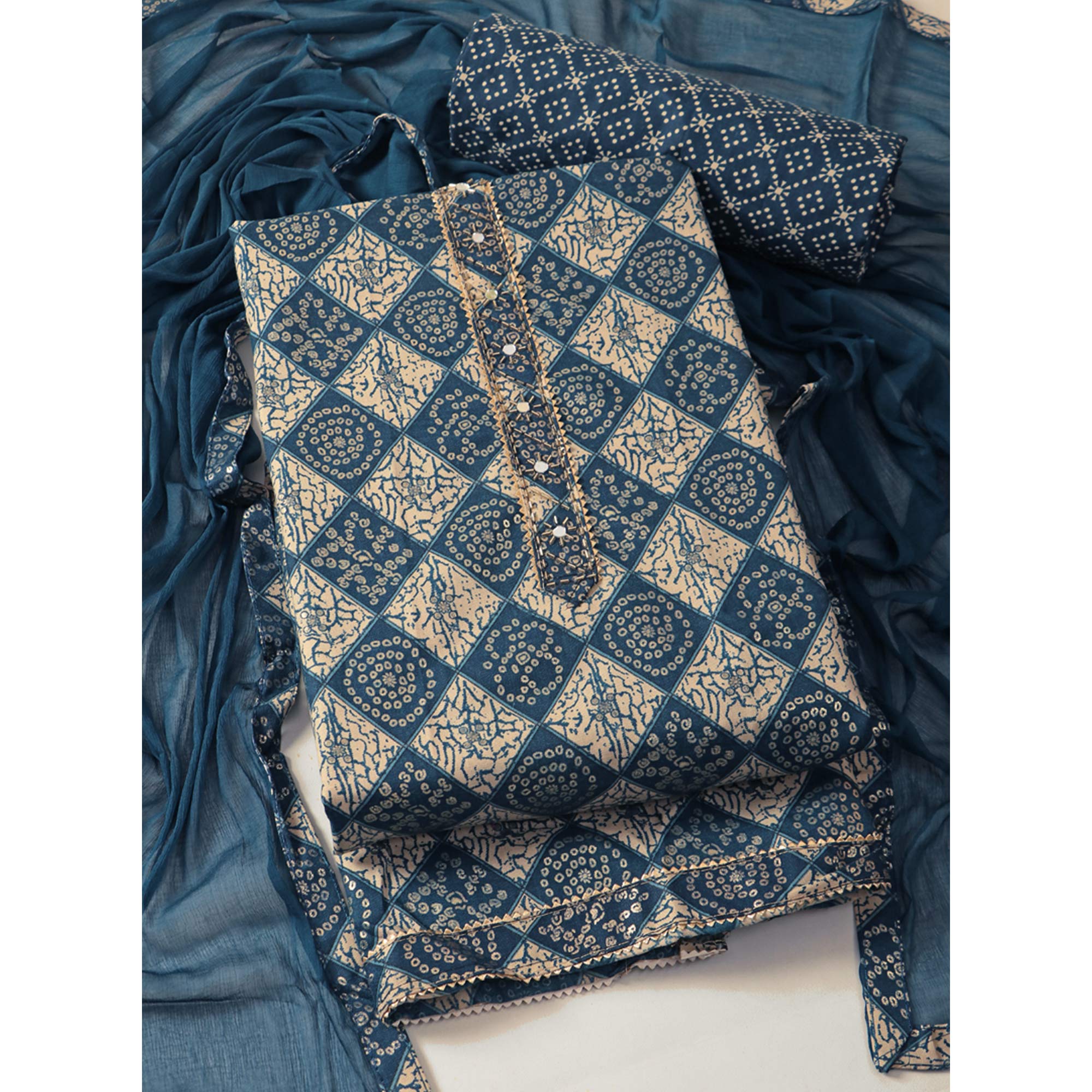 Blue Foil Printed With Handwork Pure Cotton Dress Material