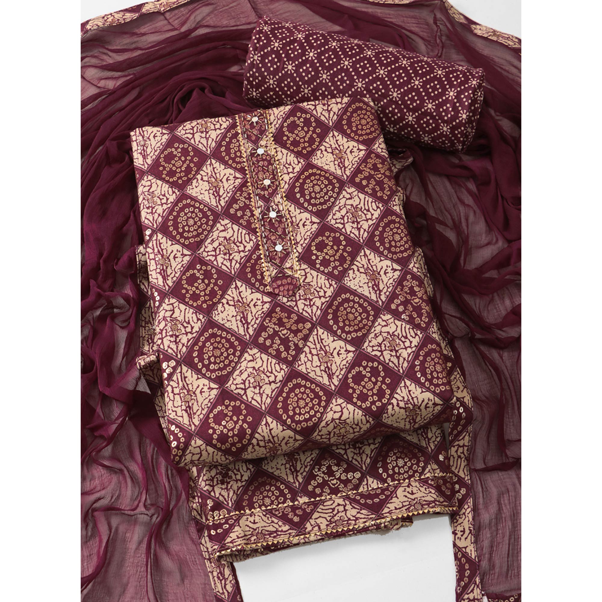 Wine Foil Printed With Handwork Pure Cotton Dress Material