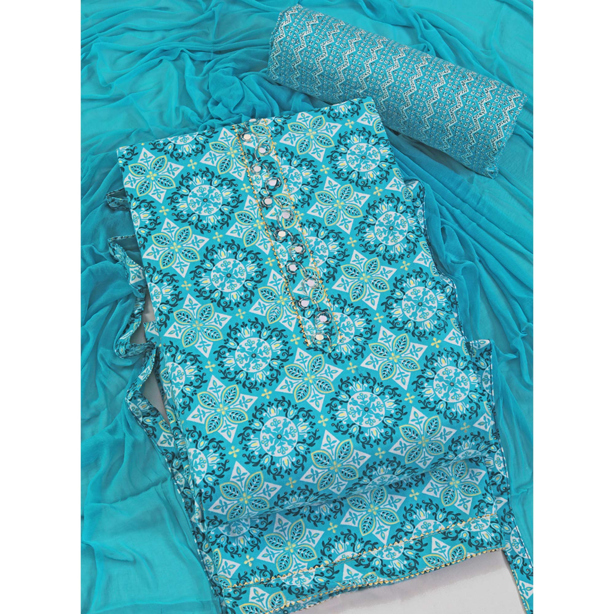 Blue Floral Foil Printed With Handwork Pure Cotton Dress Material