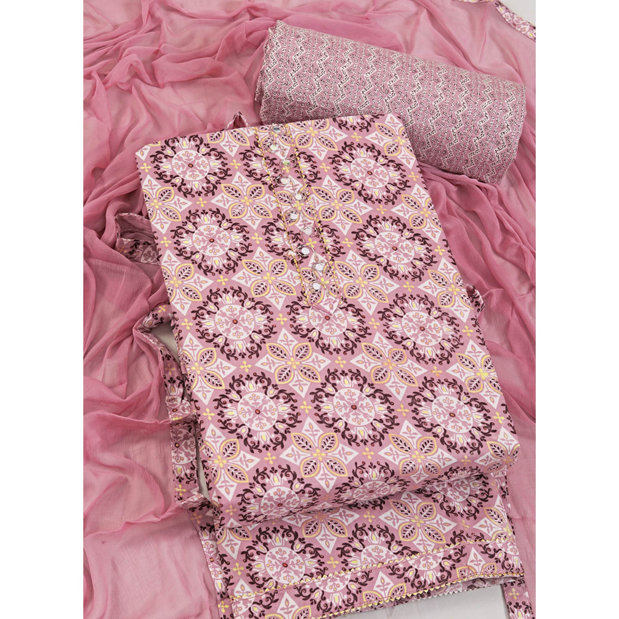 Pink Floral Foil Printed With Handwork Pure Cotton Dress Material