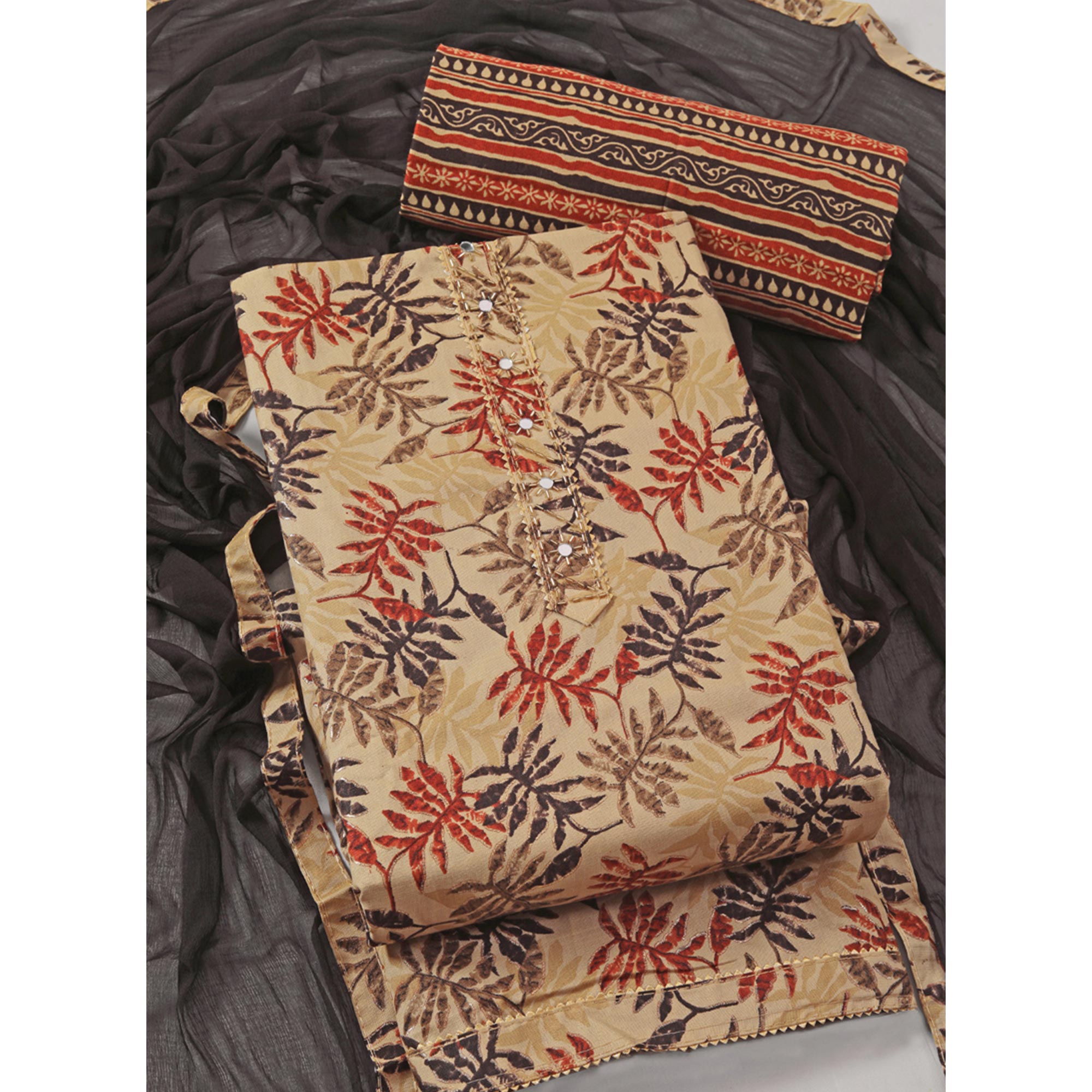Chikoo & Brown Foil Printed With Handwork Pure Pure Cotton Dress Material