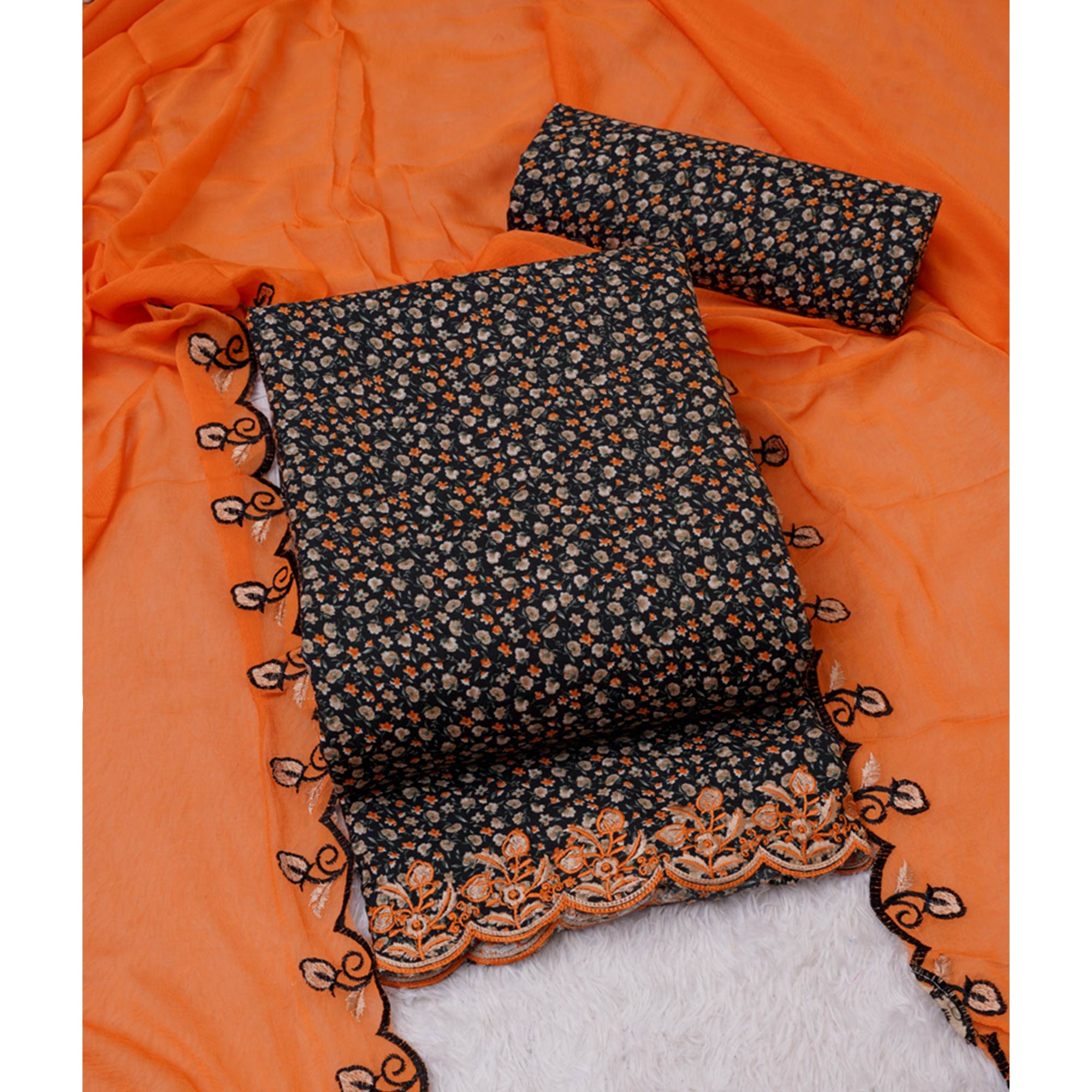 Black Floral Printed With Embroidery Cotton Silk Dress Material