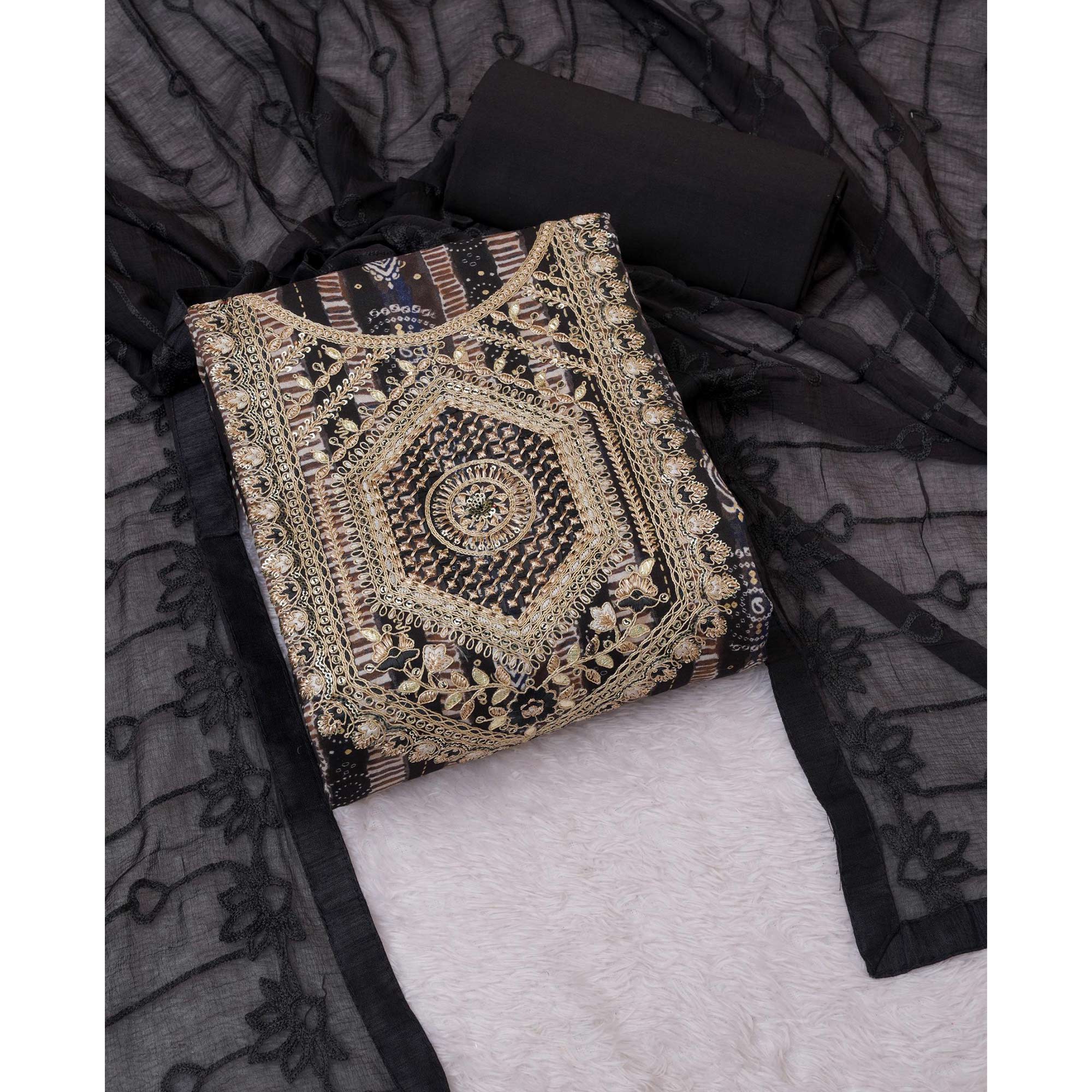 Brown Bandhani Printed Rayon Dress Material