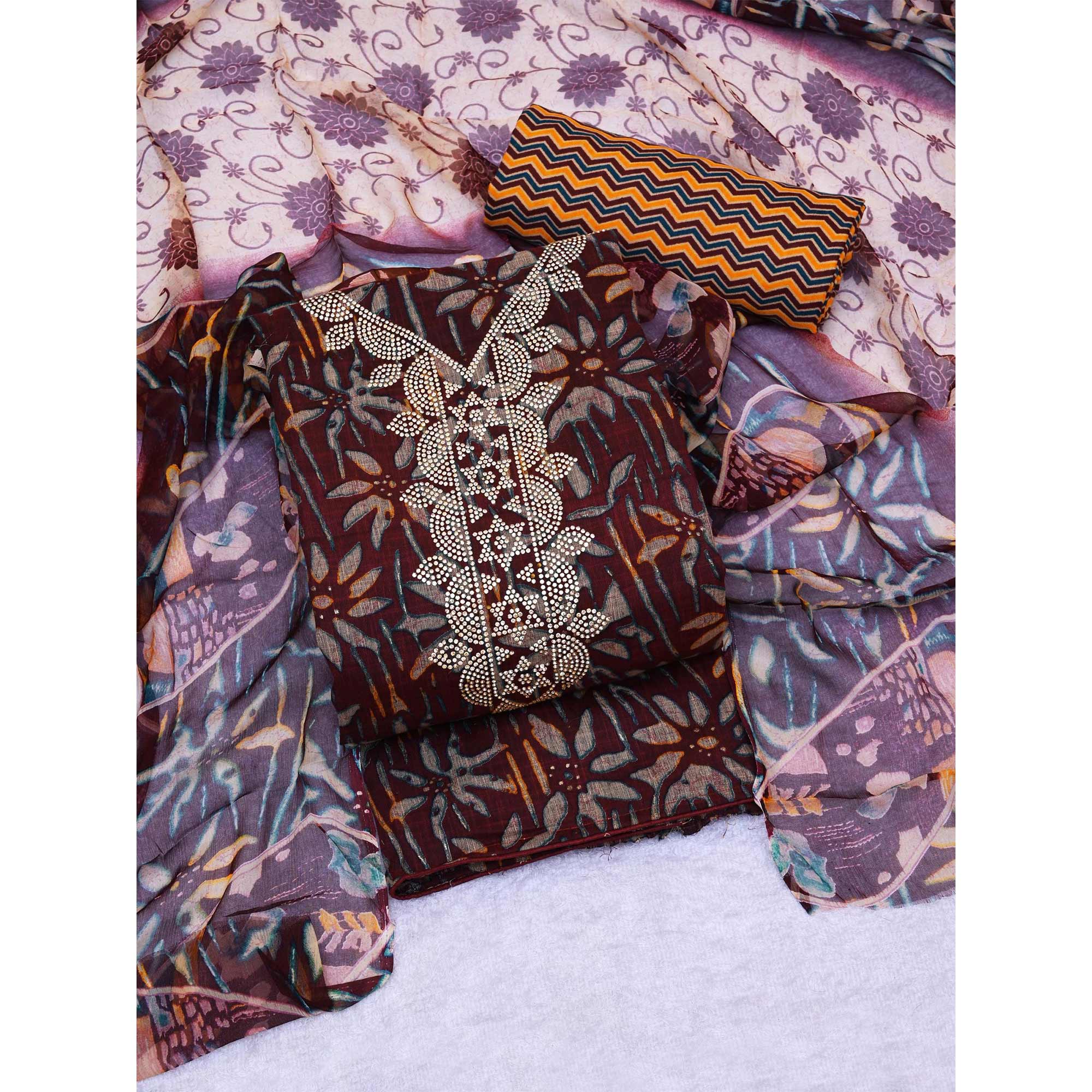 Wine Floral Printed Pure Cotton Dress Material