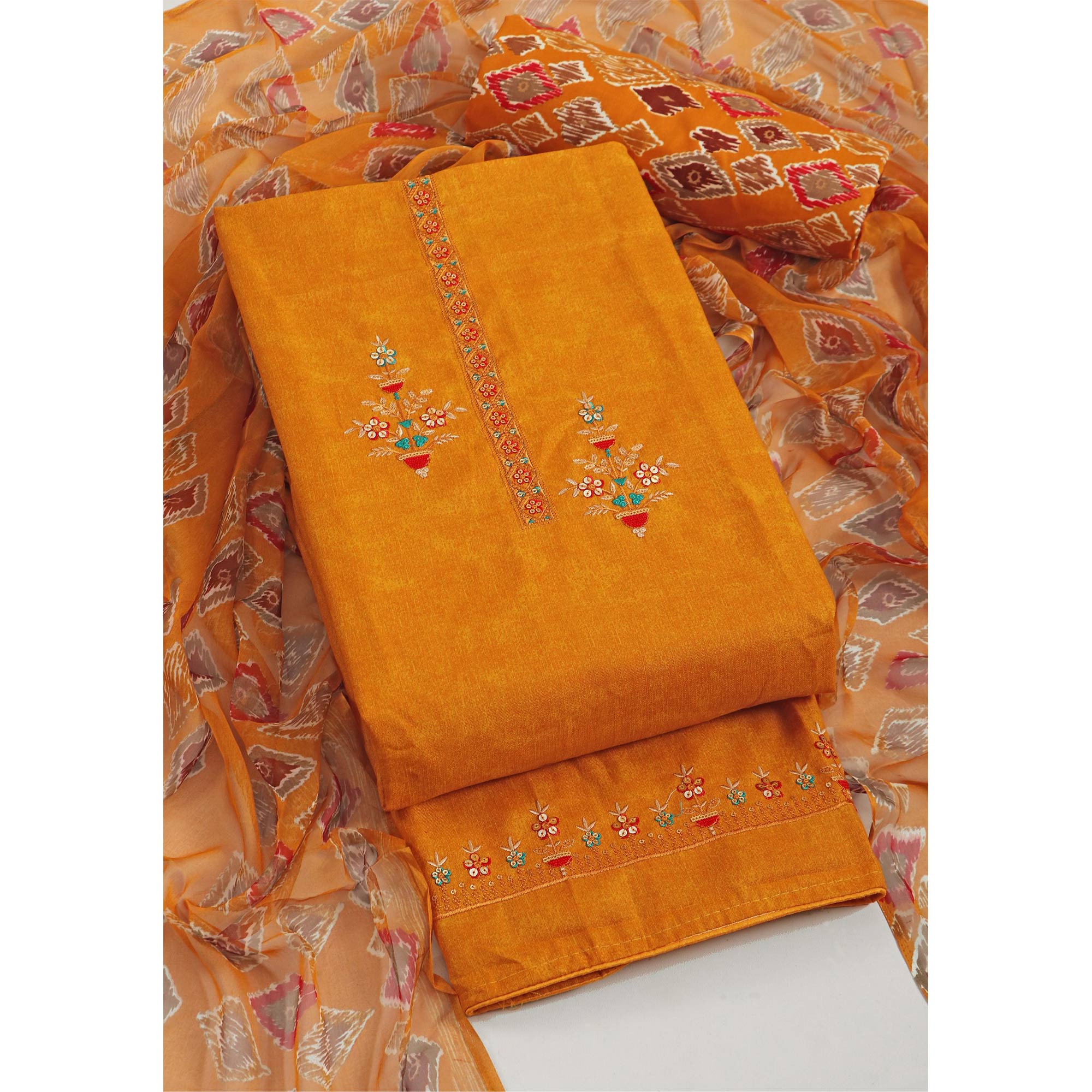 Mustard Floral Sequins Embroidered Pure Cotton Dress Material