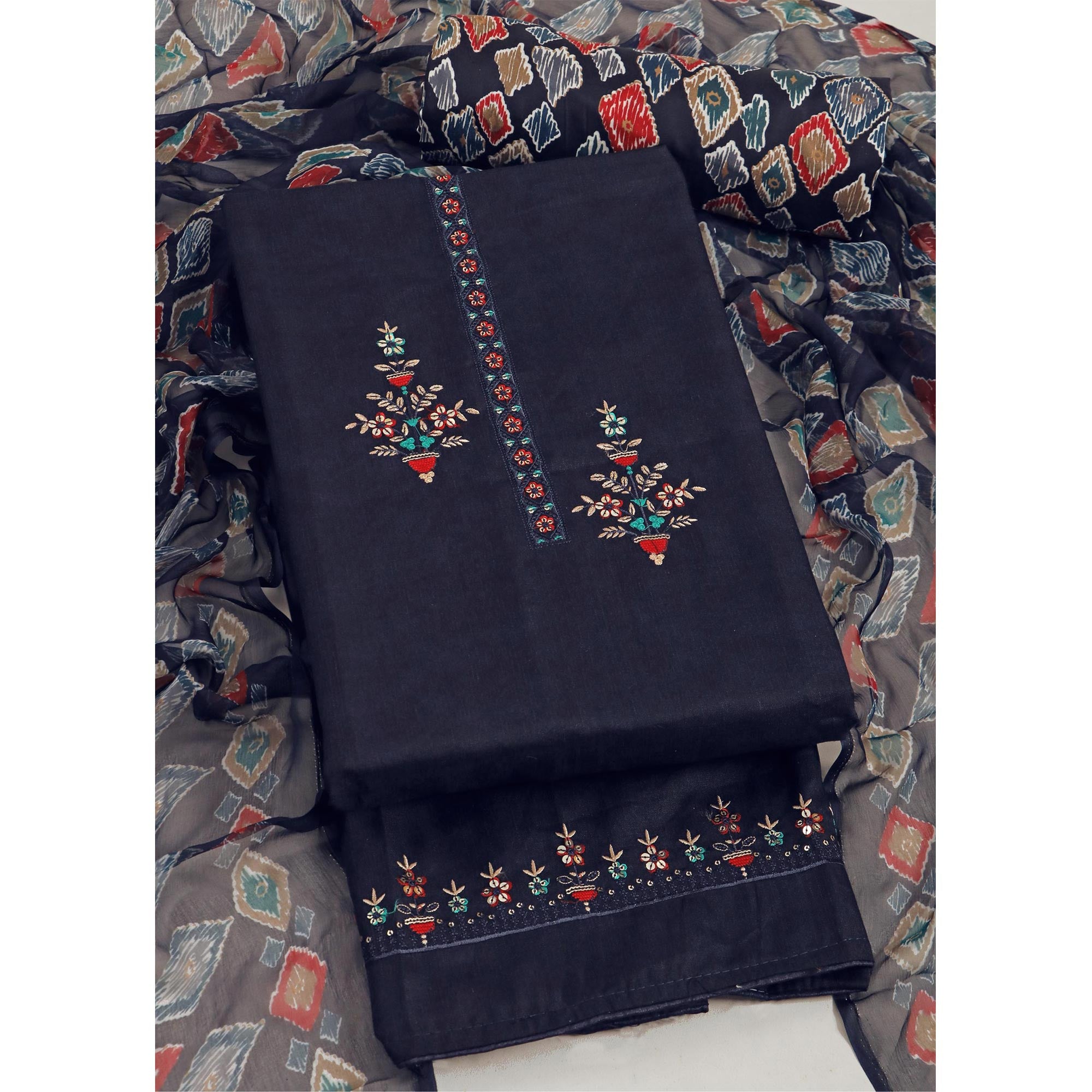 Navy Blue Floral Sequins Embroidered Pure Cotton Dress Material