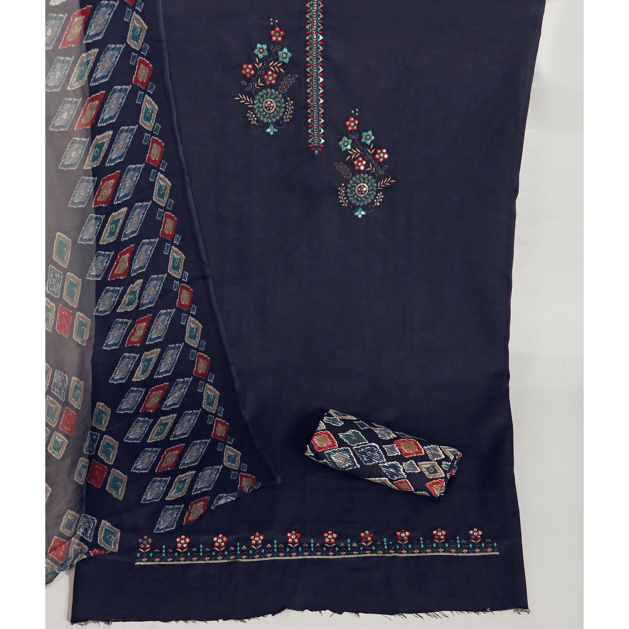 Navy Blue Floral Sequins Embroidered Pure Cotton Dress Material