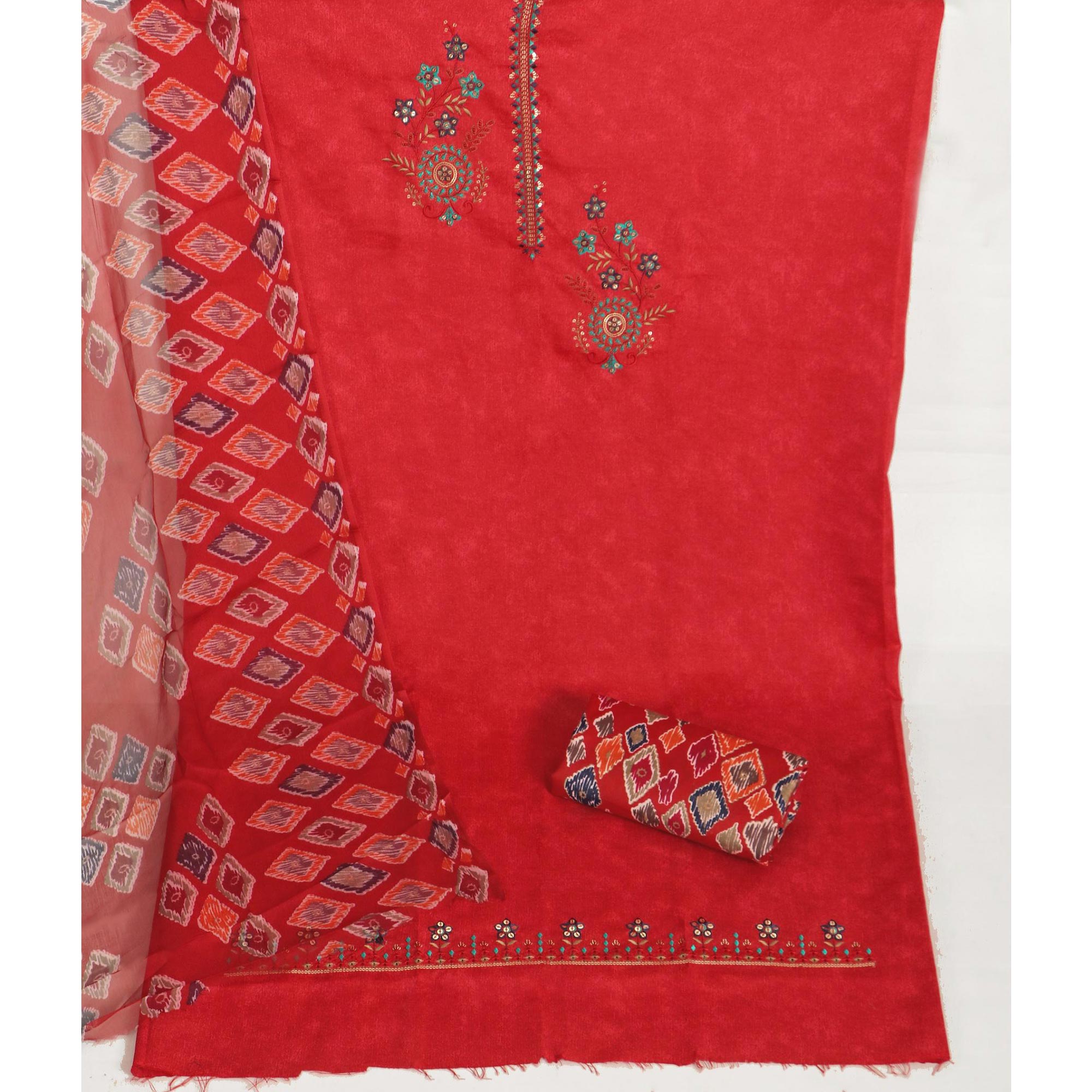 Red Floral Sequins Embroidered Pure Cotton Dress Material