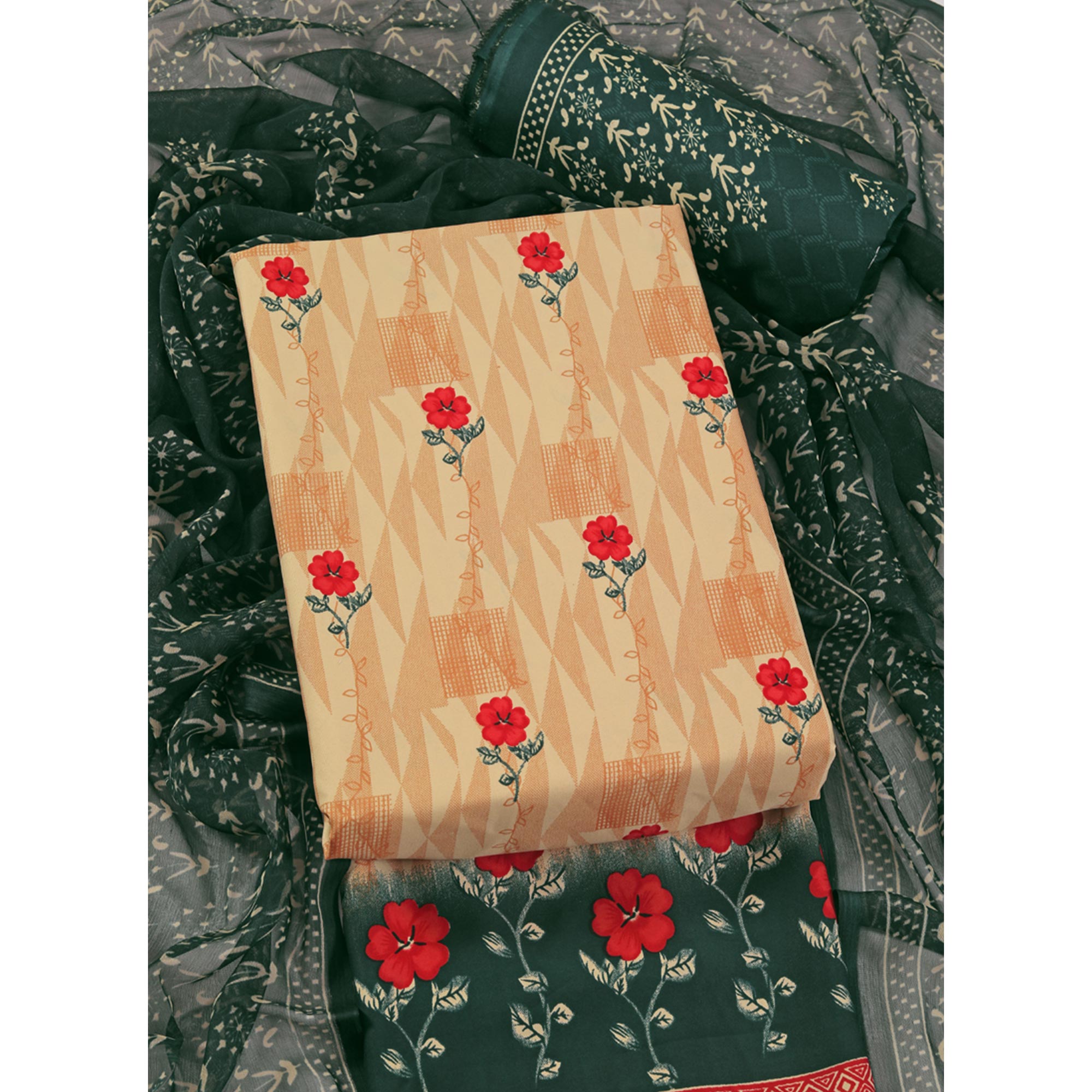 Cream Floral Printed Crepe Dress Material