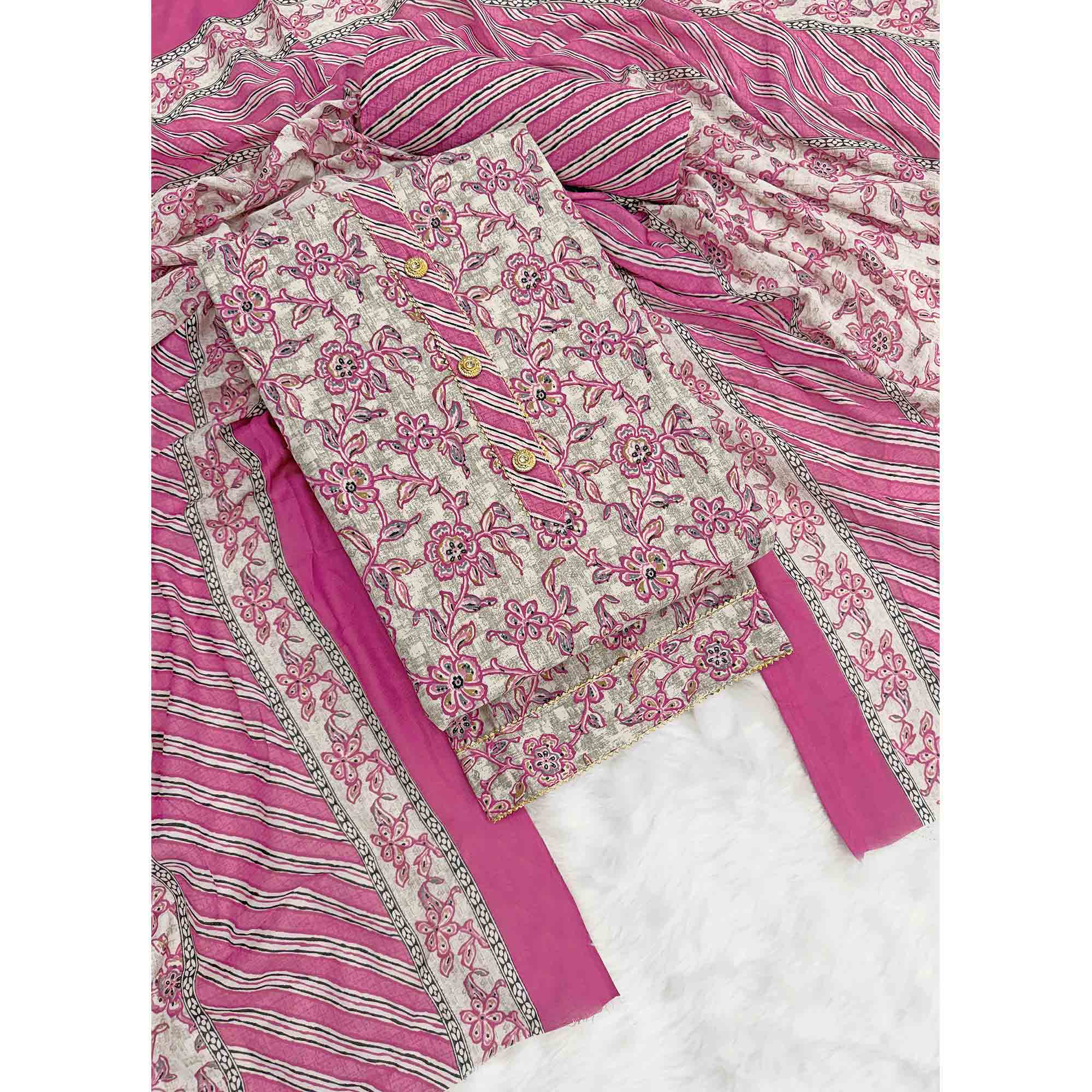 Charming Magenta Floral Printed Cotton Blend Dress Material Featuring Intricate Lace Border