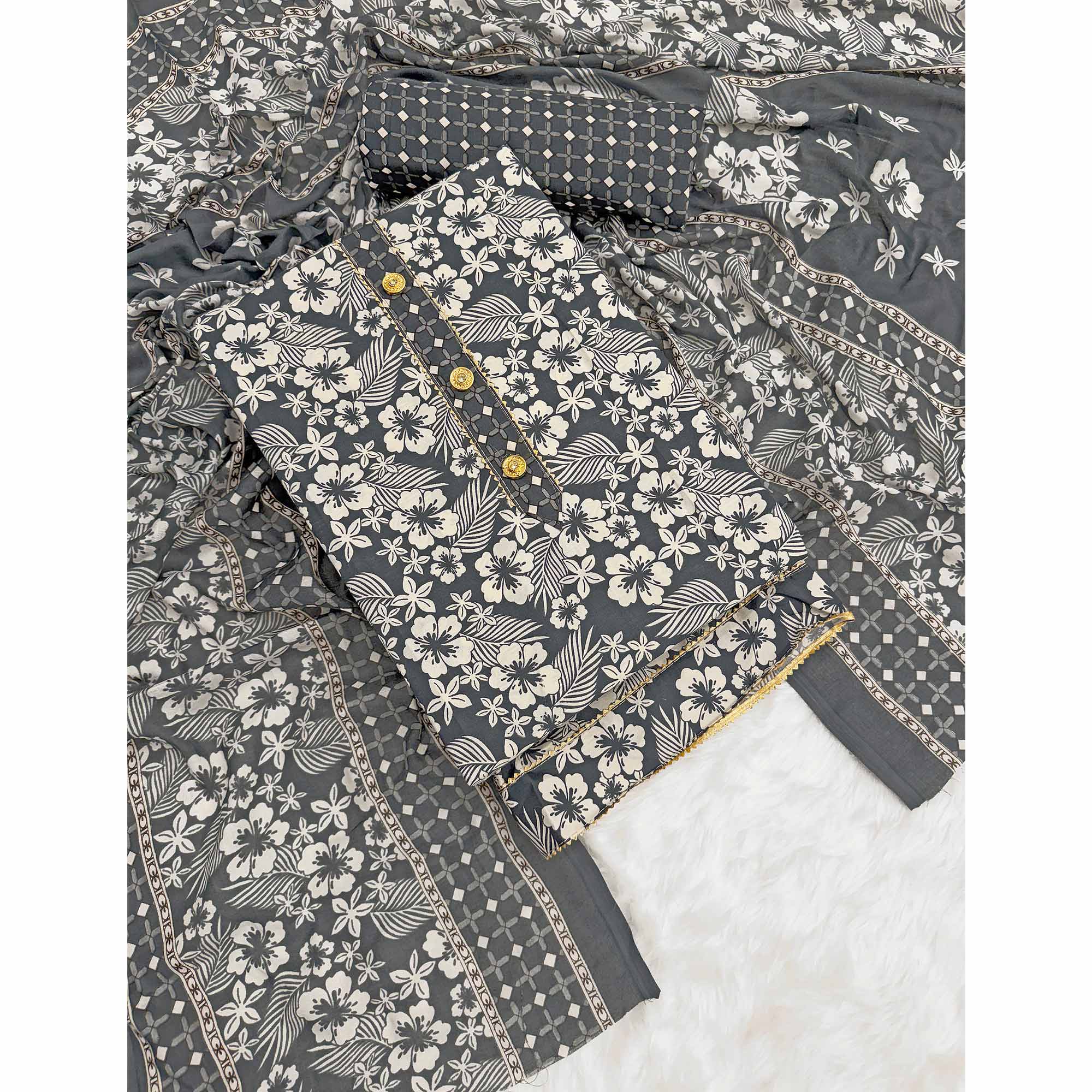Graceful Grey Floral Printed Cotton Blend Dress Material With Lace Border