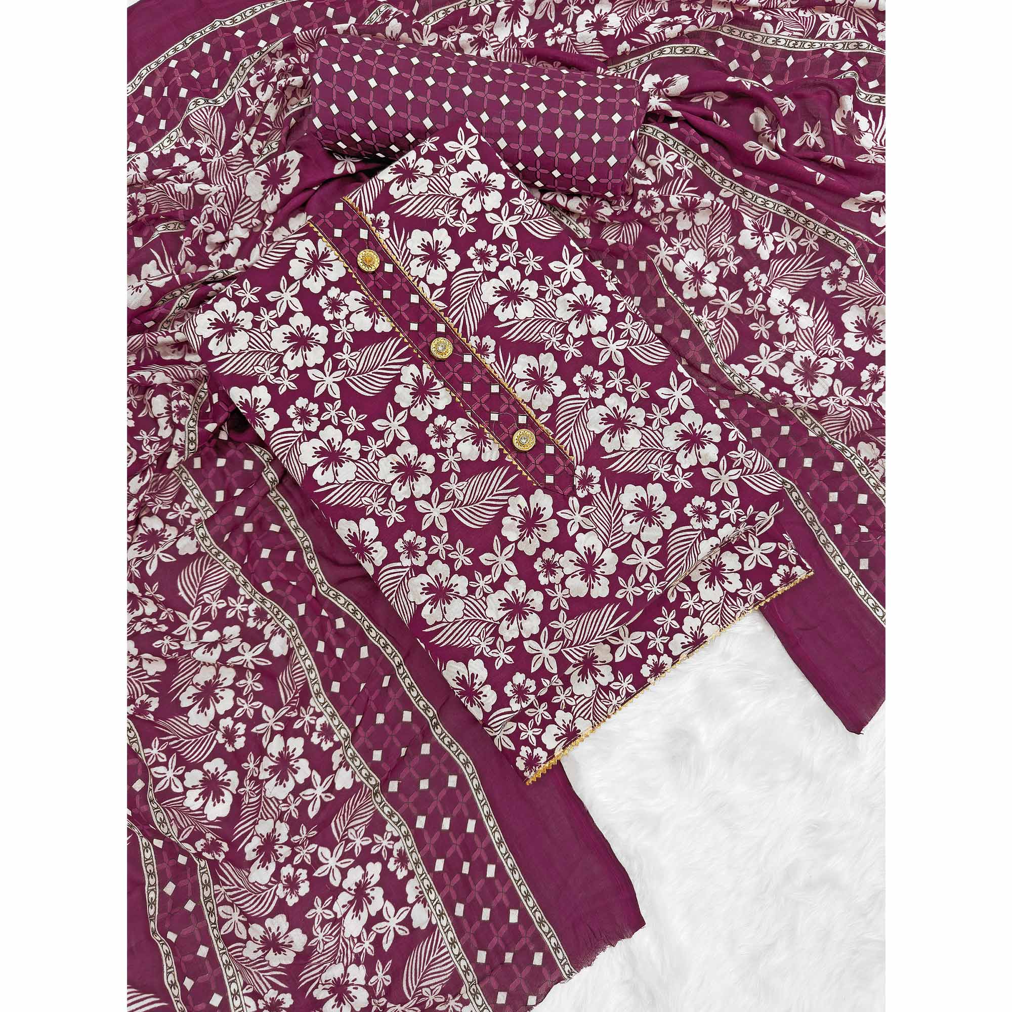 Graceful Wine Floral Printed Cotton Blend Dress Material With Lace Border