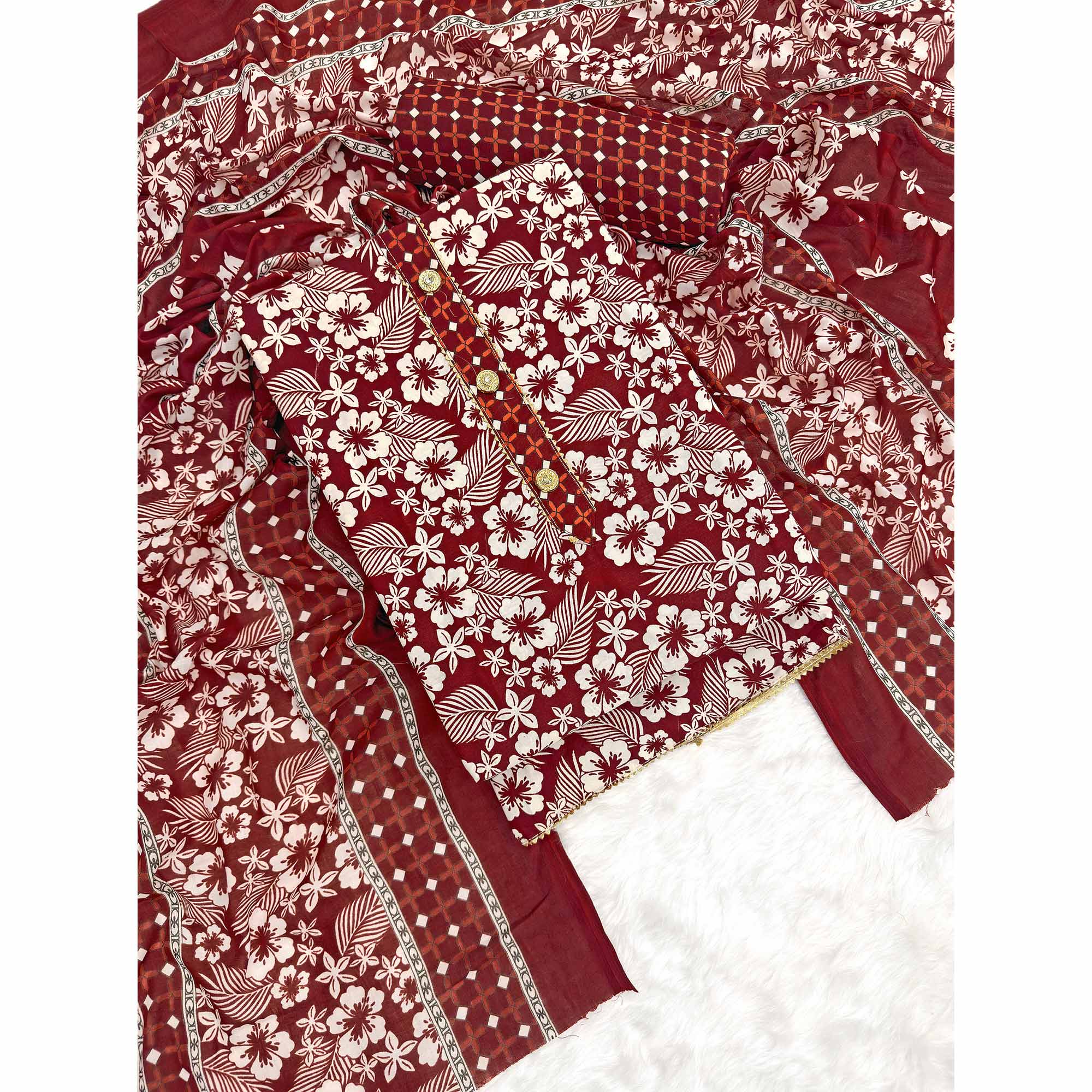 Graceful Maroon Floral Printed Cotton Blend Dress Material With Lace Border