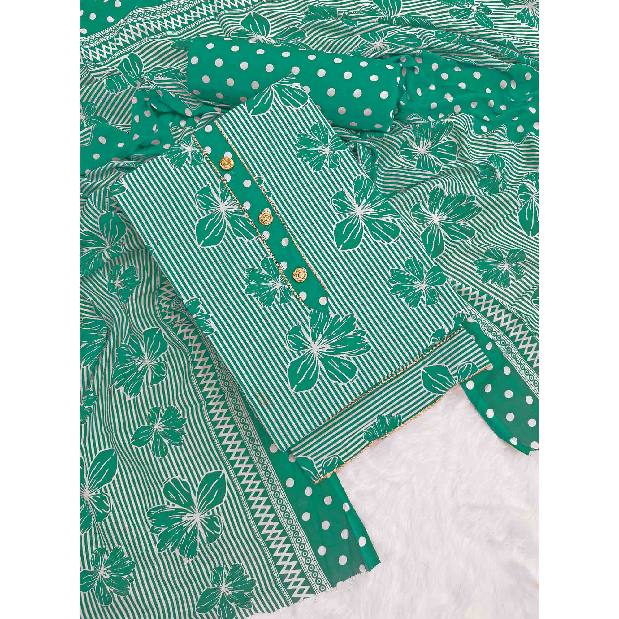 Rama Green Floral & Striped Printed Cotton Blend Dress Material With Elegant Lace Border