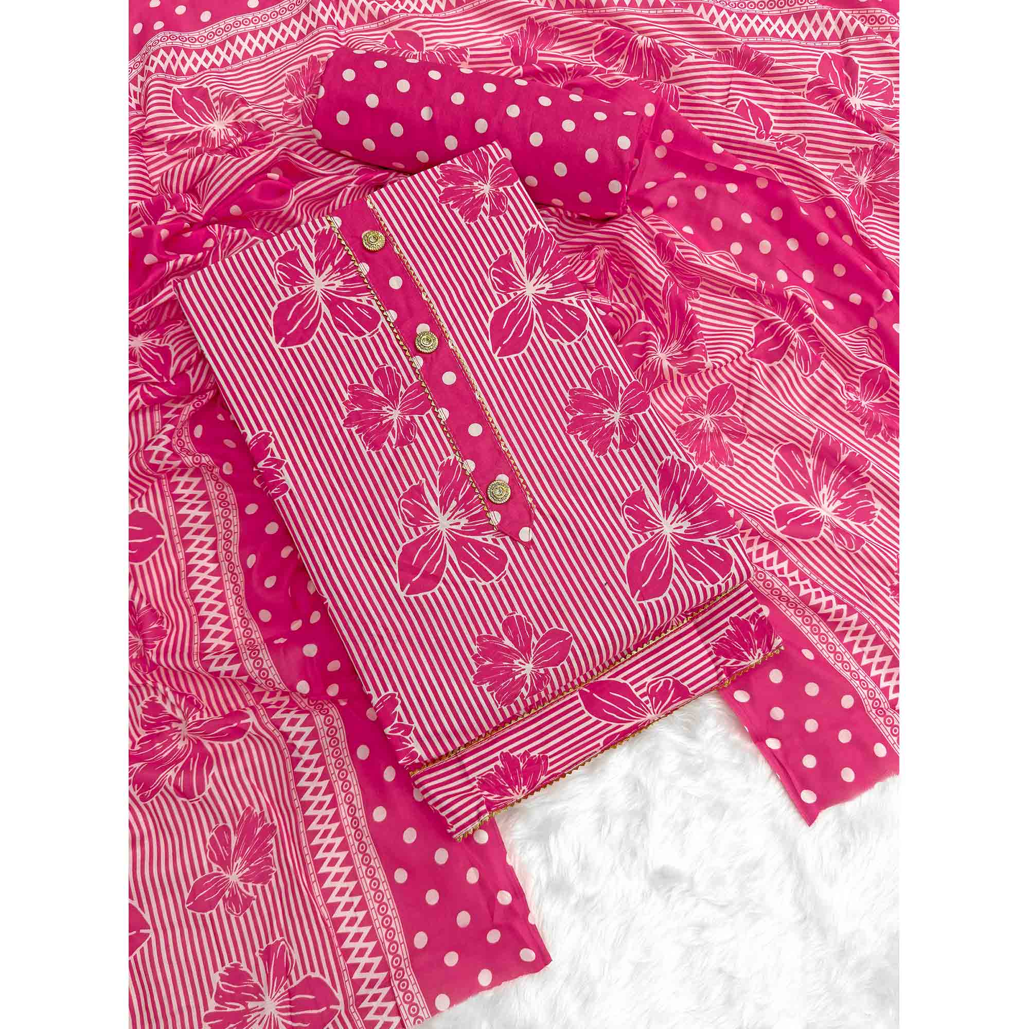Rani Pink Floral & Striped Printed Cotton Blend Dress Material With Elegant Lace Border