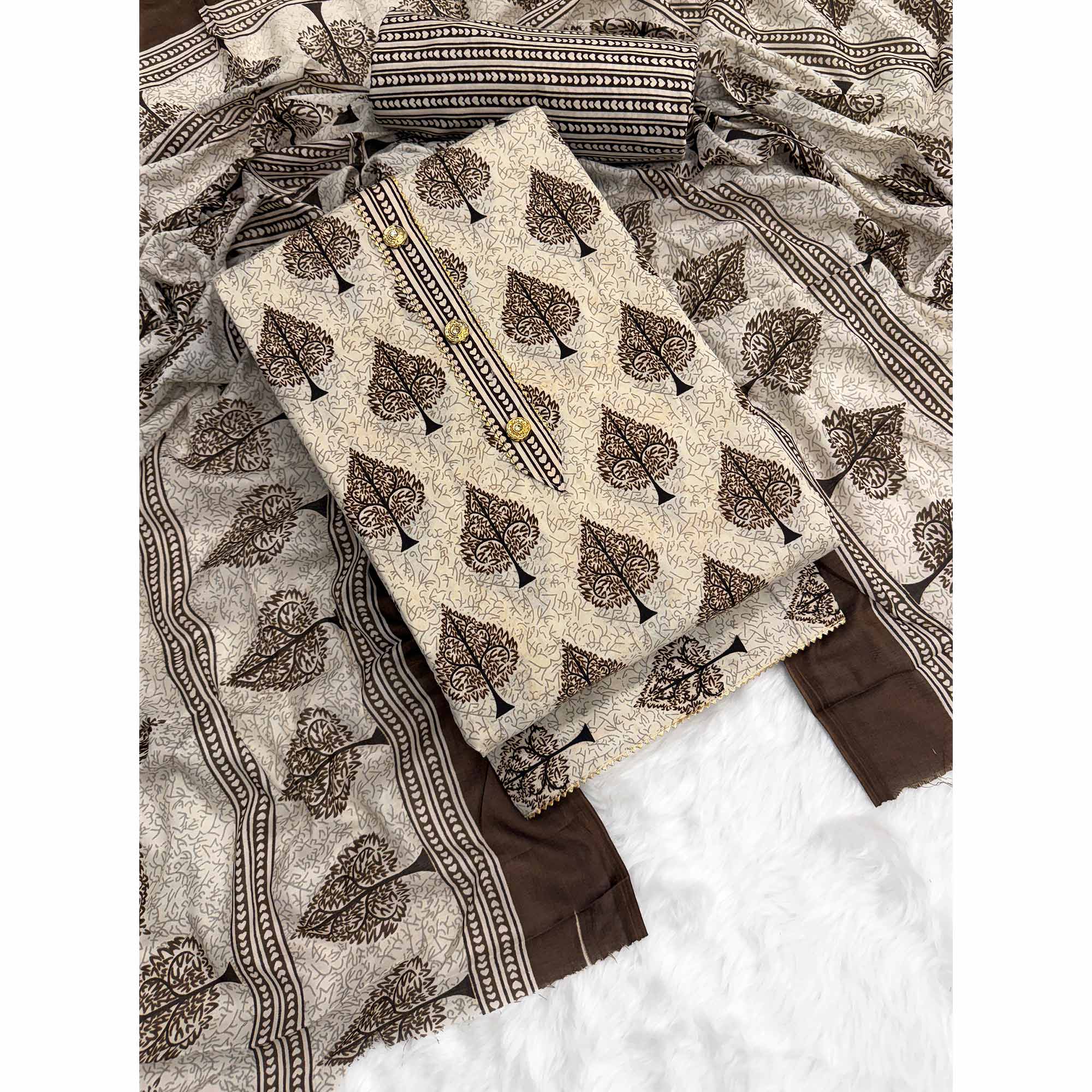 Vibrant Brown Leaf Printed Cotton Blend Dress Material Refined With Lace Border