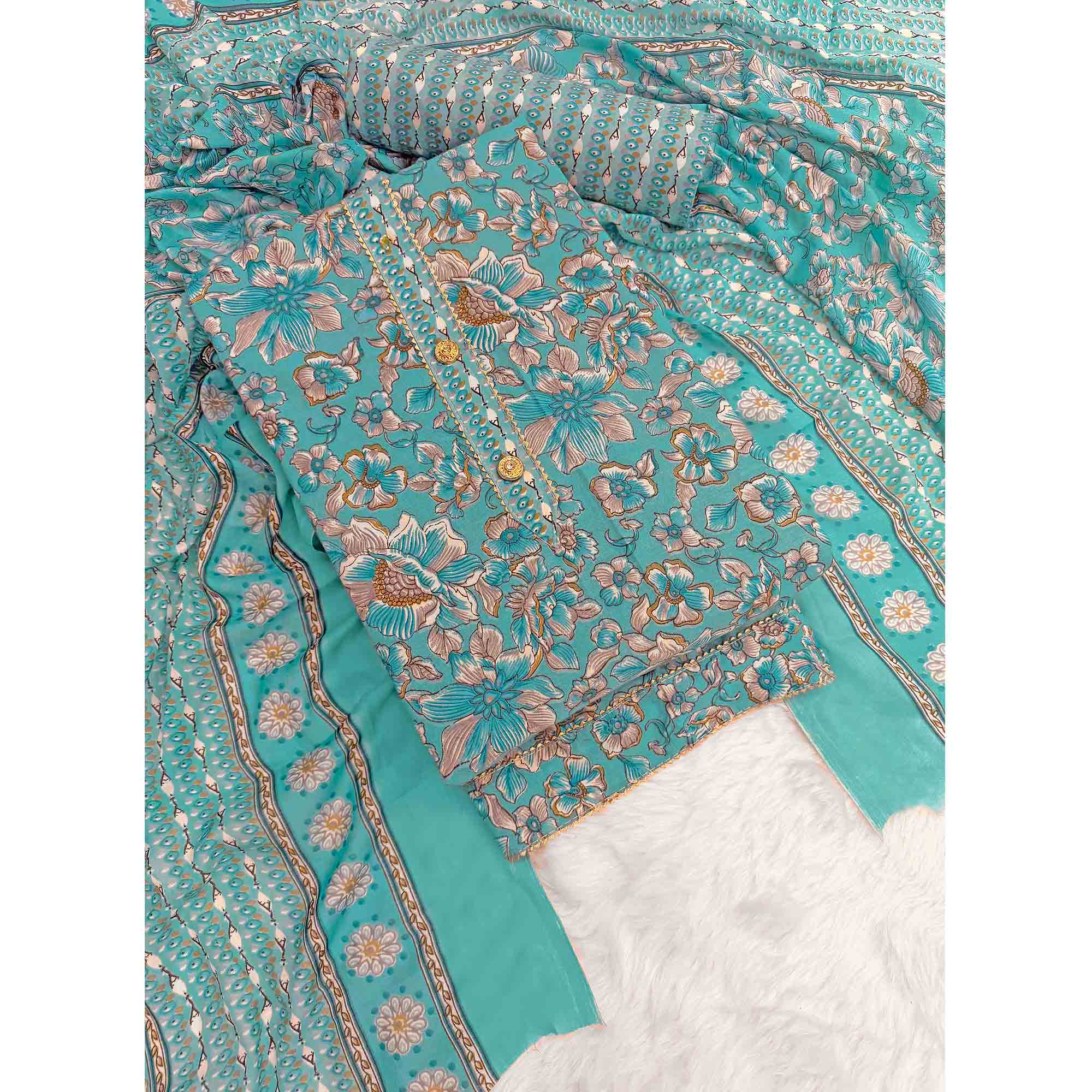 Elegant Turquoise Floral Printed Cotton Blend Dress Material Adorned With Intricate Lace Border