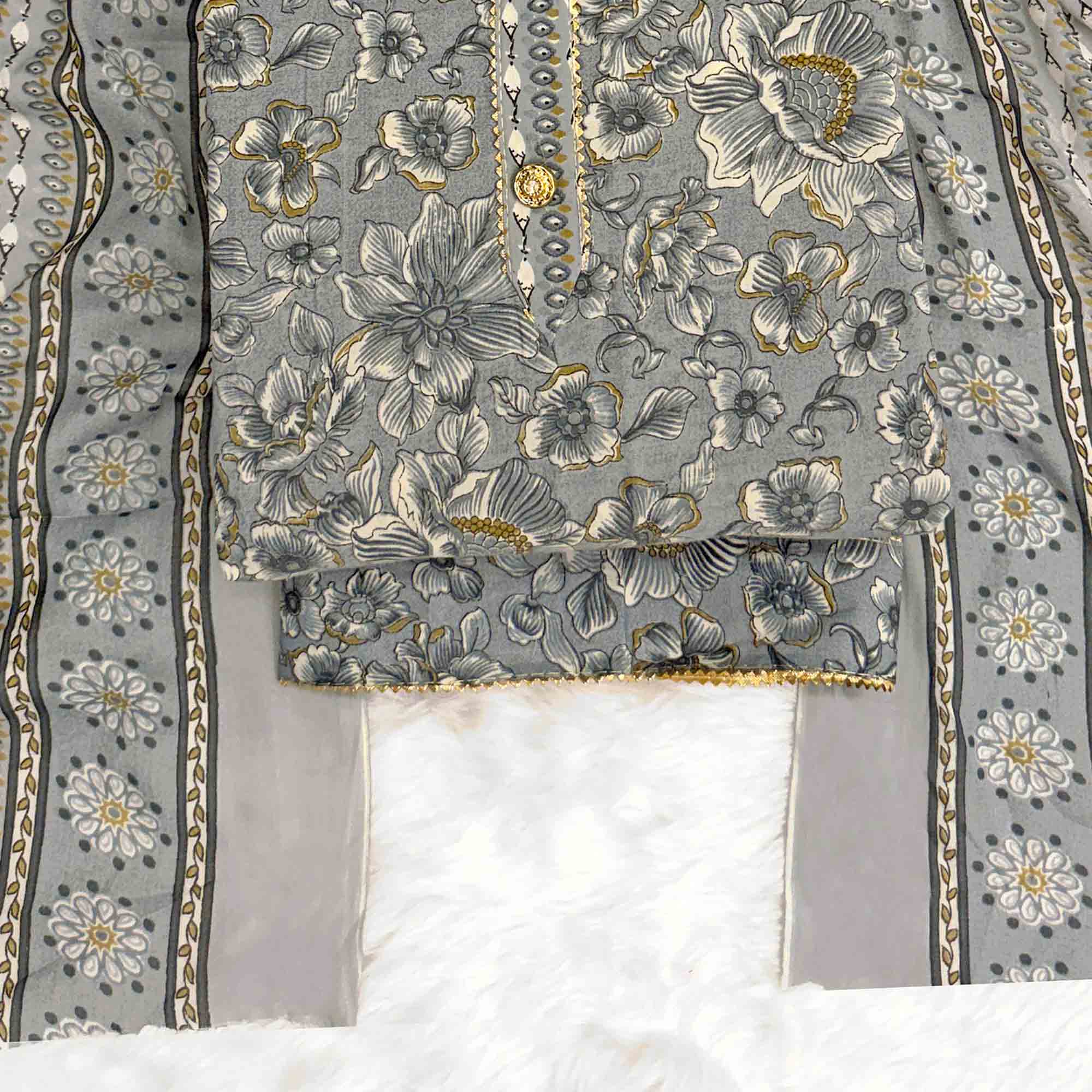 Elegant Grey Floral Printed Cotton Blend Dress Material Adorned With Intricate Lace Border