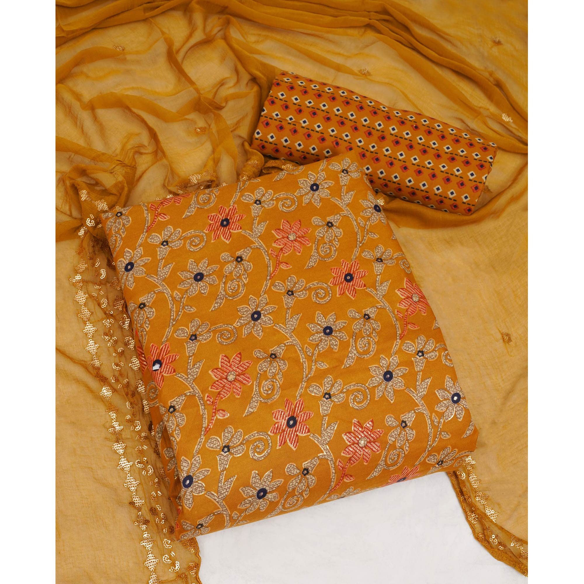 Mustard Floral Printed Pure Cotton Dress Material