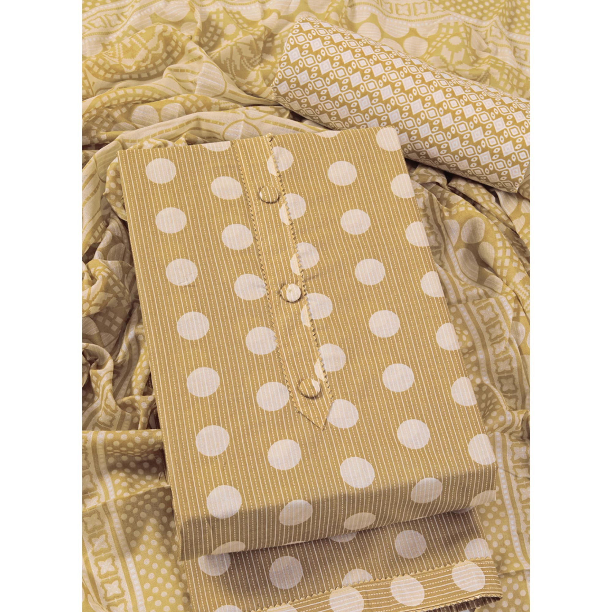 Mustard Printed With Gota Patti Work Pure Cotton Dress Material