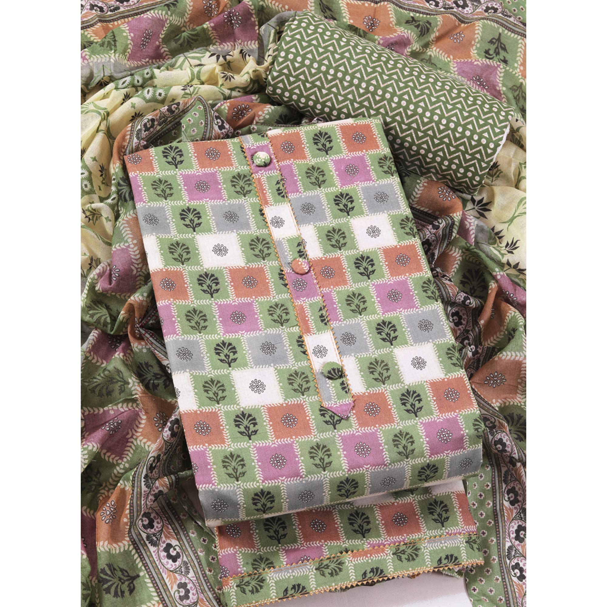 Green Floral Printed With Gota Patti Work Pure Cotton Dress Material