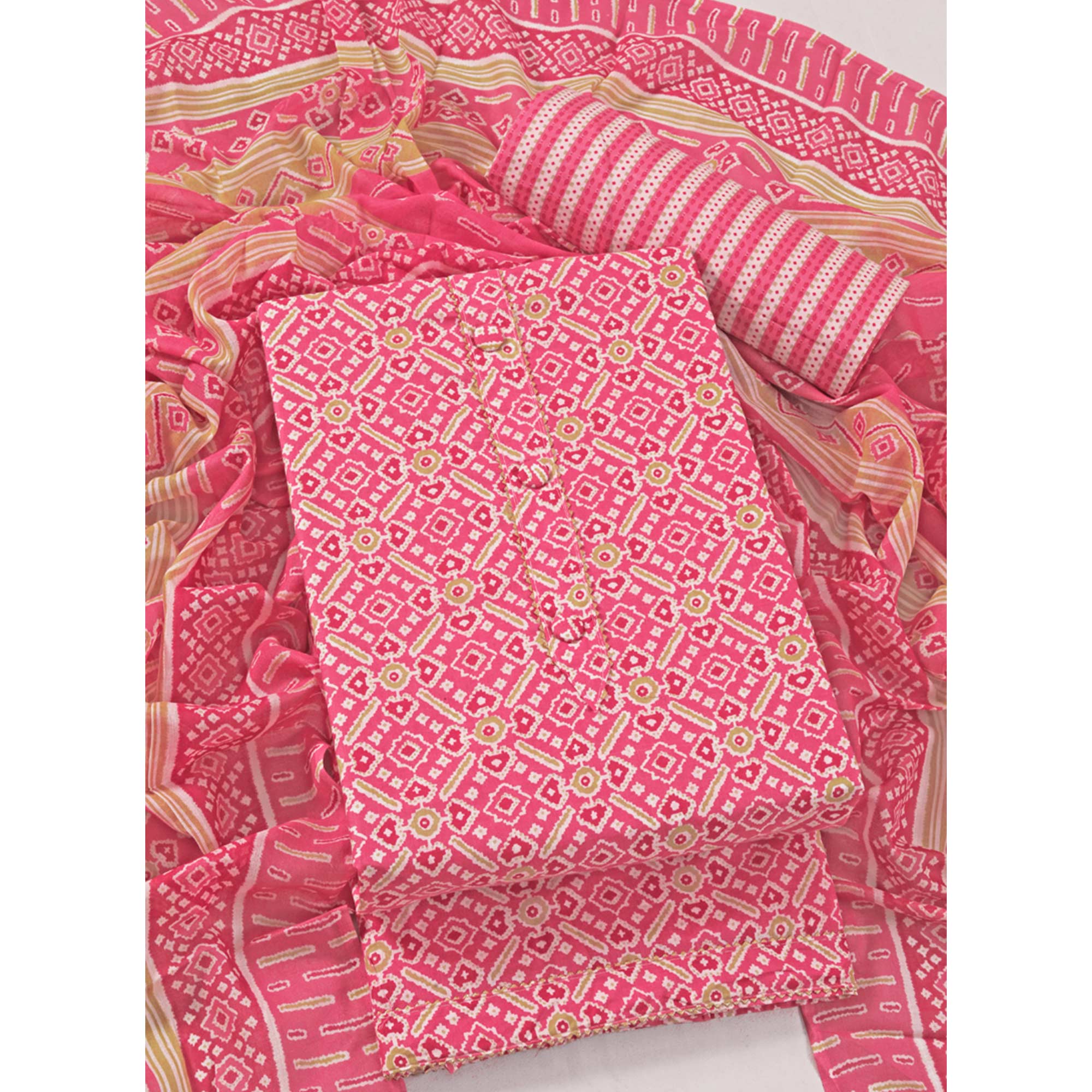 Rani Pink Patola Printed With Gota Patti Work Pure Cotton Dress Material