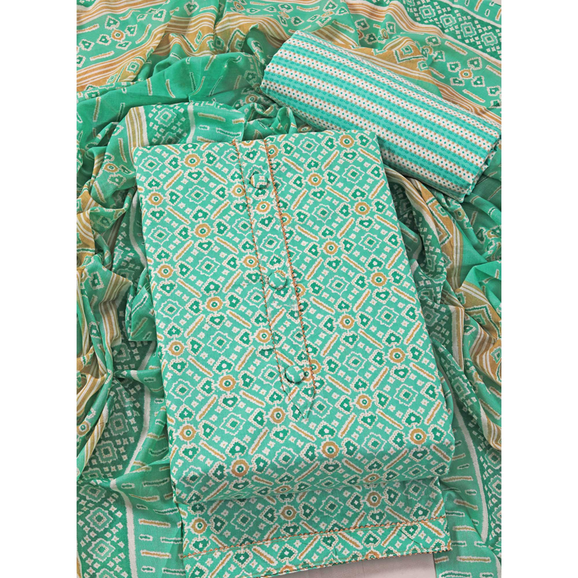 Turquoise Patola Printed With Gota Patti Work Pure Cotton Dress Material