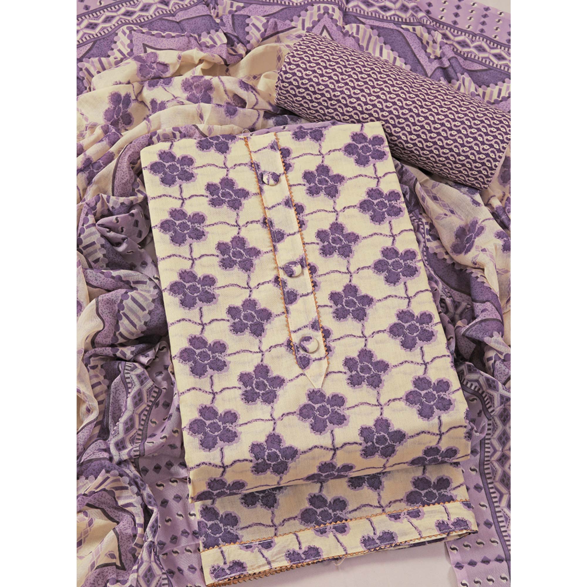 Lavender Floral Printed With Gota Patti Work Pure Cotton Dress Material