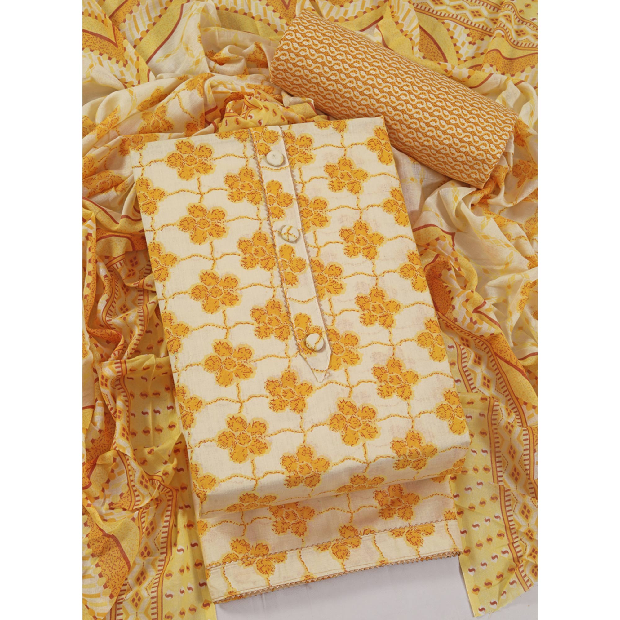 Mustard Floral Printed With Gota Patti Work Pure Cotton Dress Material