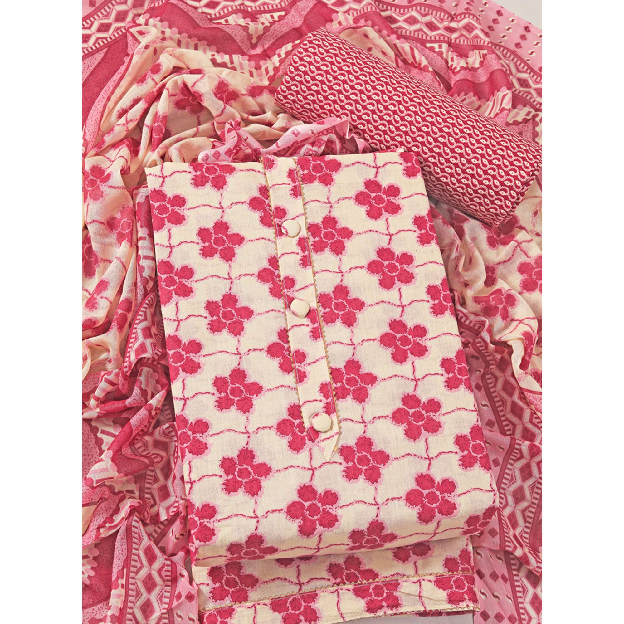 Pink Floral Printed With Gota Patti Work Pure Cotton Dress Material