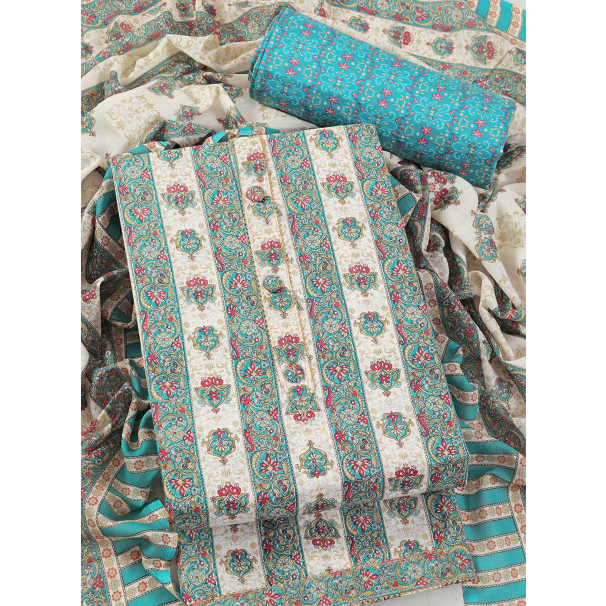 Blue Floral Printed With Gota Patti Work Pure Cotton Dress Material