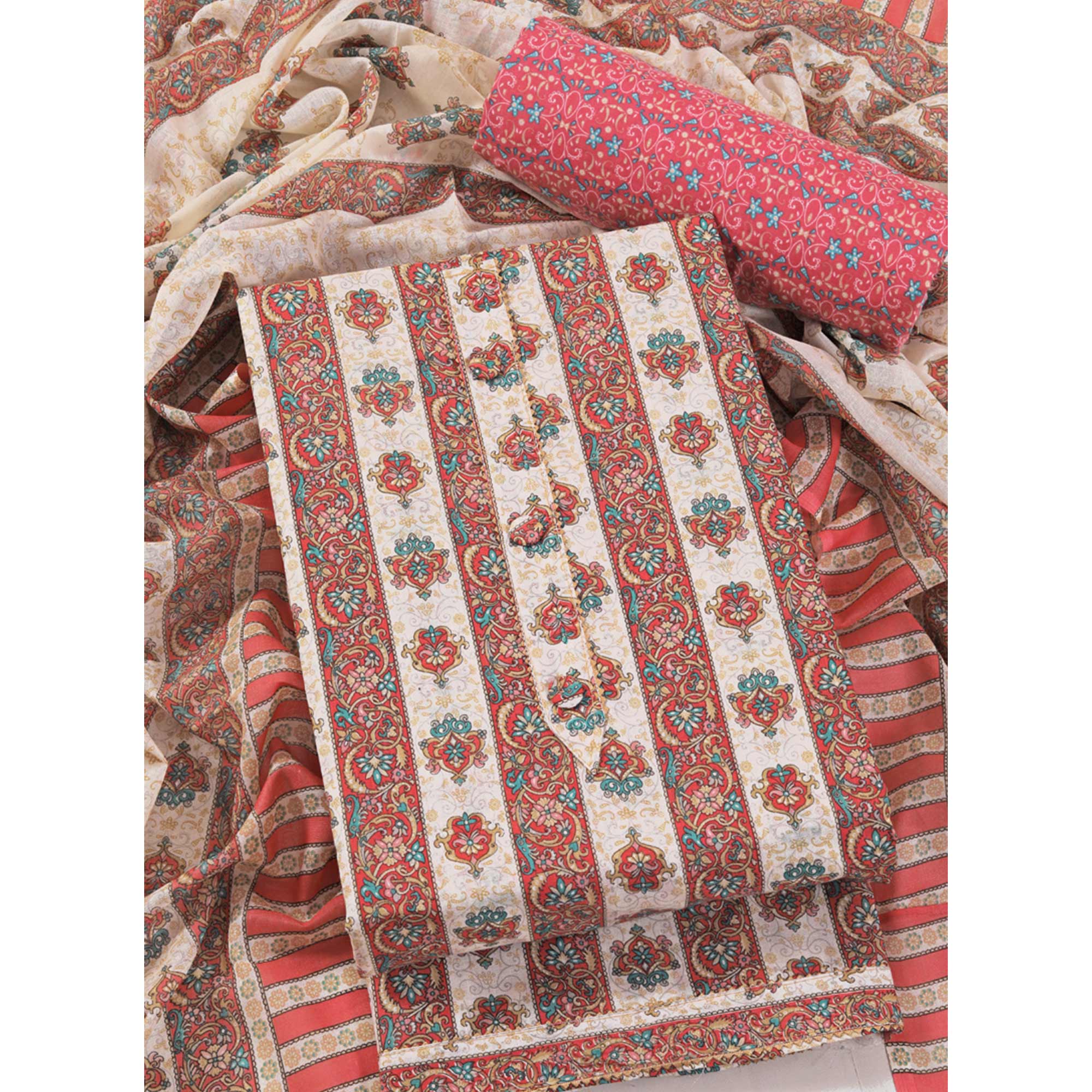 Red Floral Printed With Gota Patti Work Pure Cotton Dress Material