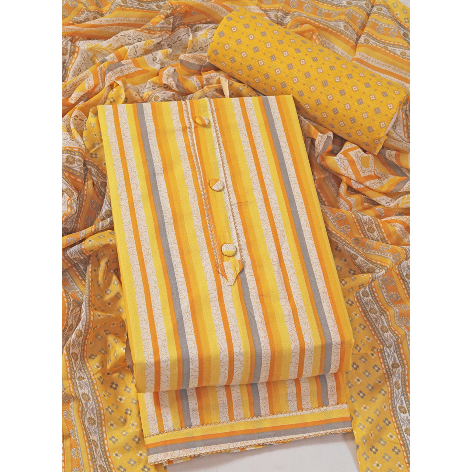 Yellow Striped Printed With Gota Patti Work Pure Cotton Dress Material