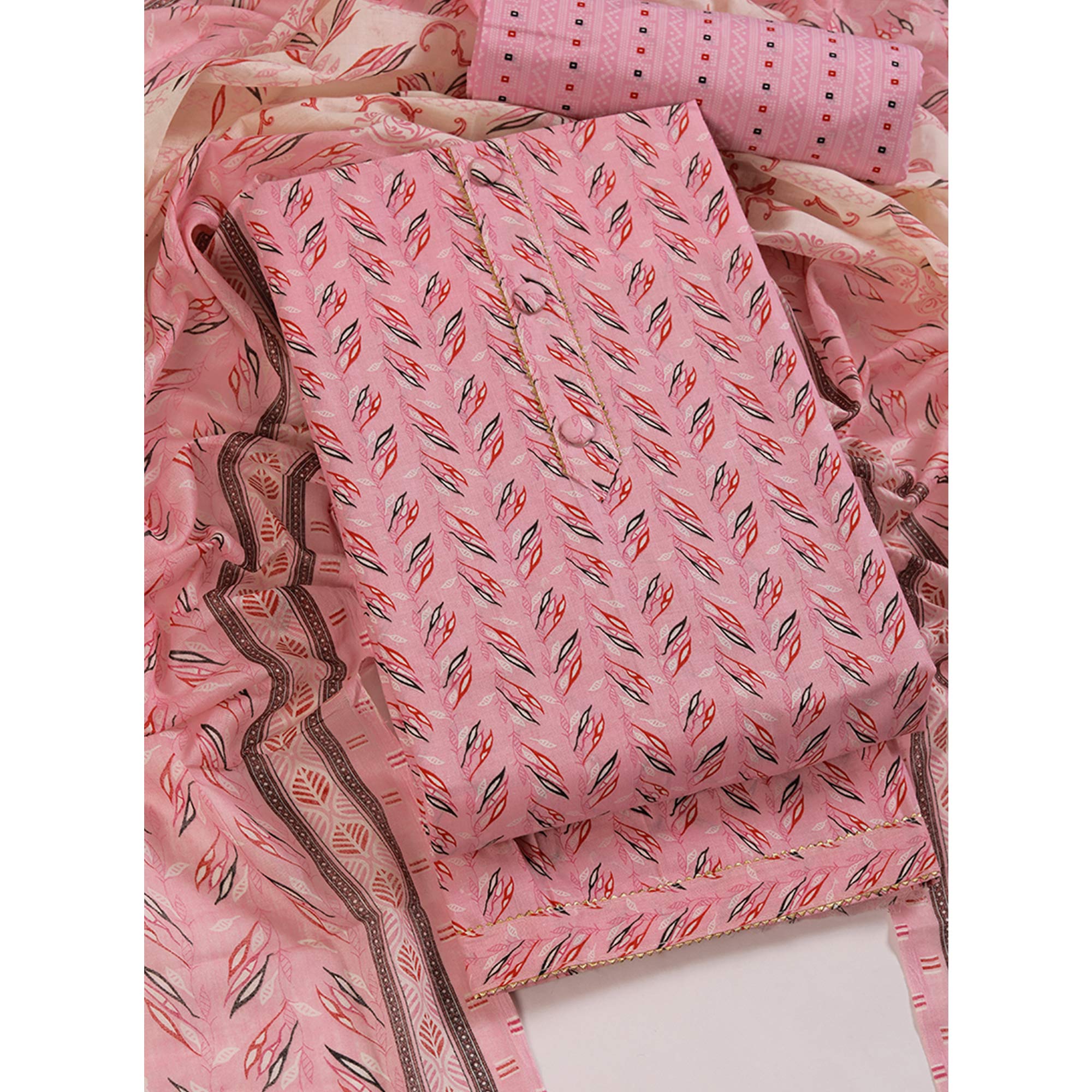 Fresh Pink Dress Material in Pure Cotton with Subtle Leaf Print Accents