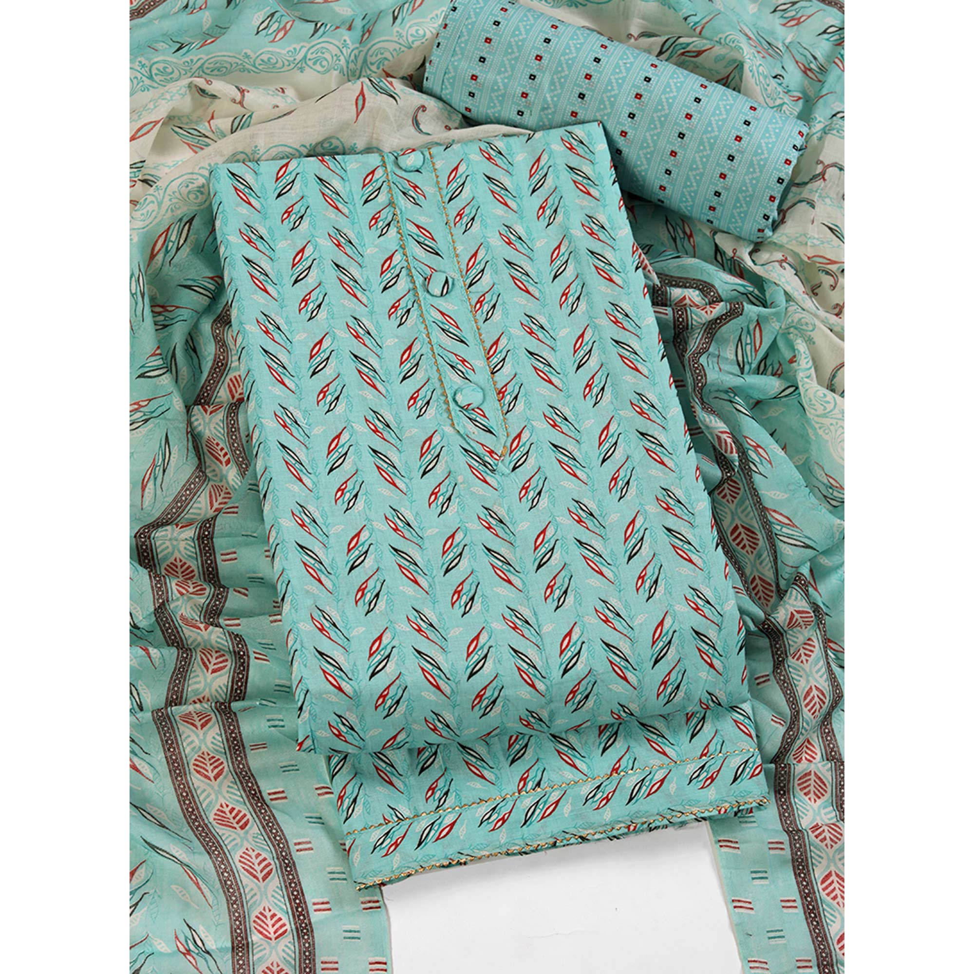 Fresh Sea Green Dress Material in Pure Cotton with Subtle Leaf Print Accents