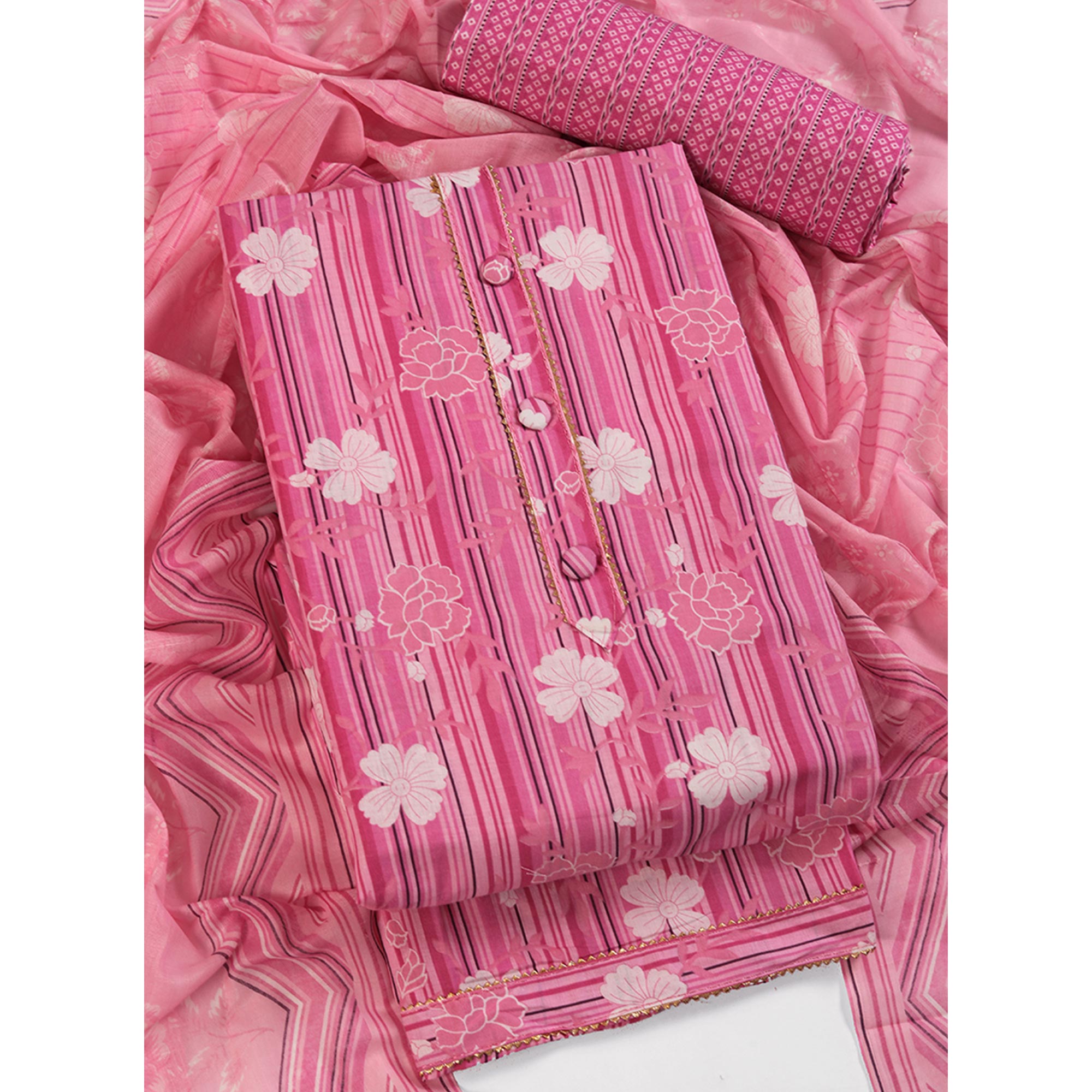 Elegant Pink Pure Cotton Ensemble Showcasing Subtle Floral Print Work Dress Material