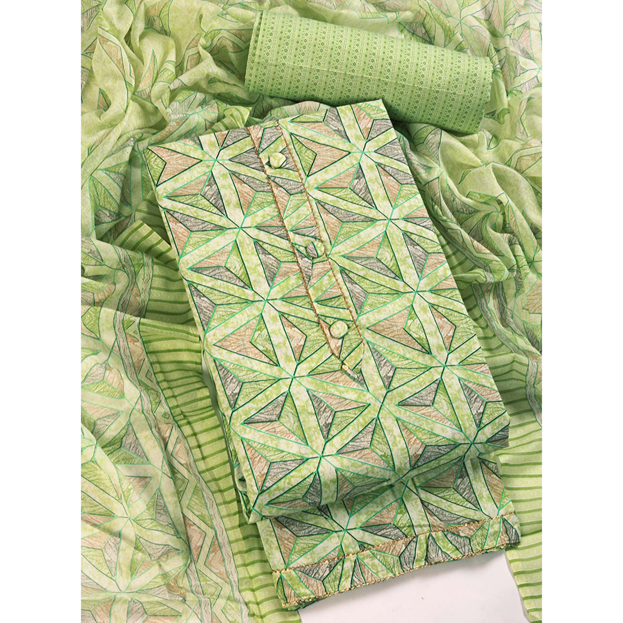 Green Pure Cotton Dress Material with Contemporary Geometric Prints