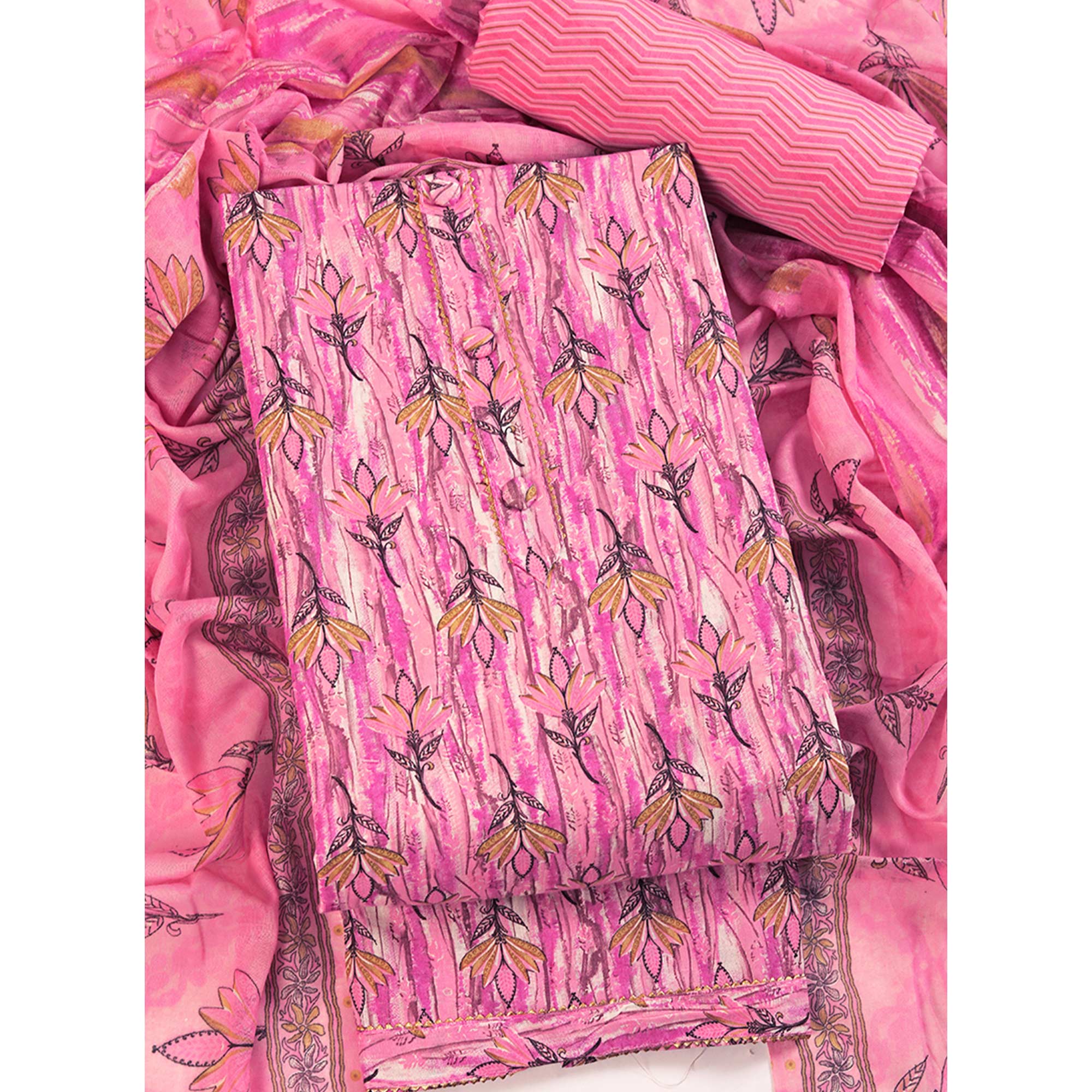 Pink Pure Cotton Ensemble with All-Over Floral Motif Designs Dress Material