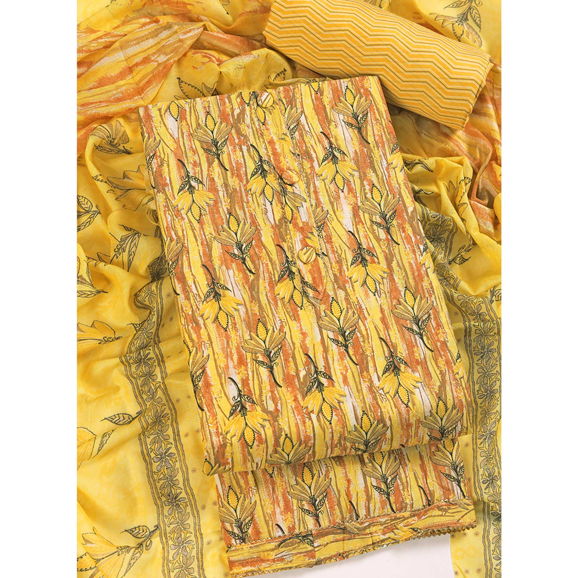 Yellow Pure Cotton Ensemble with All-Over Floral Motif Designs Dress Material