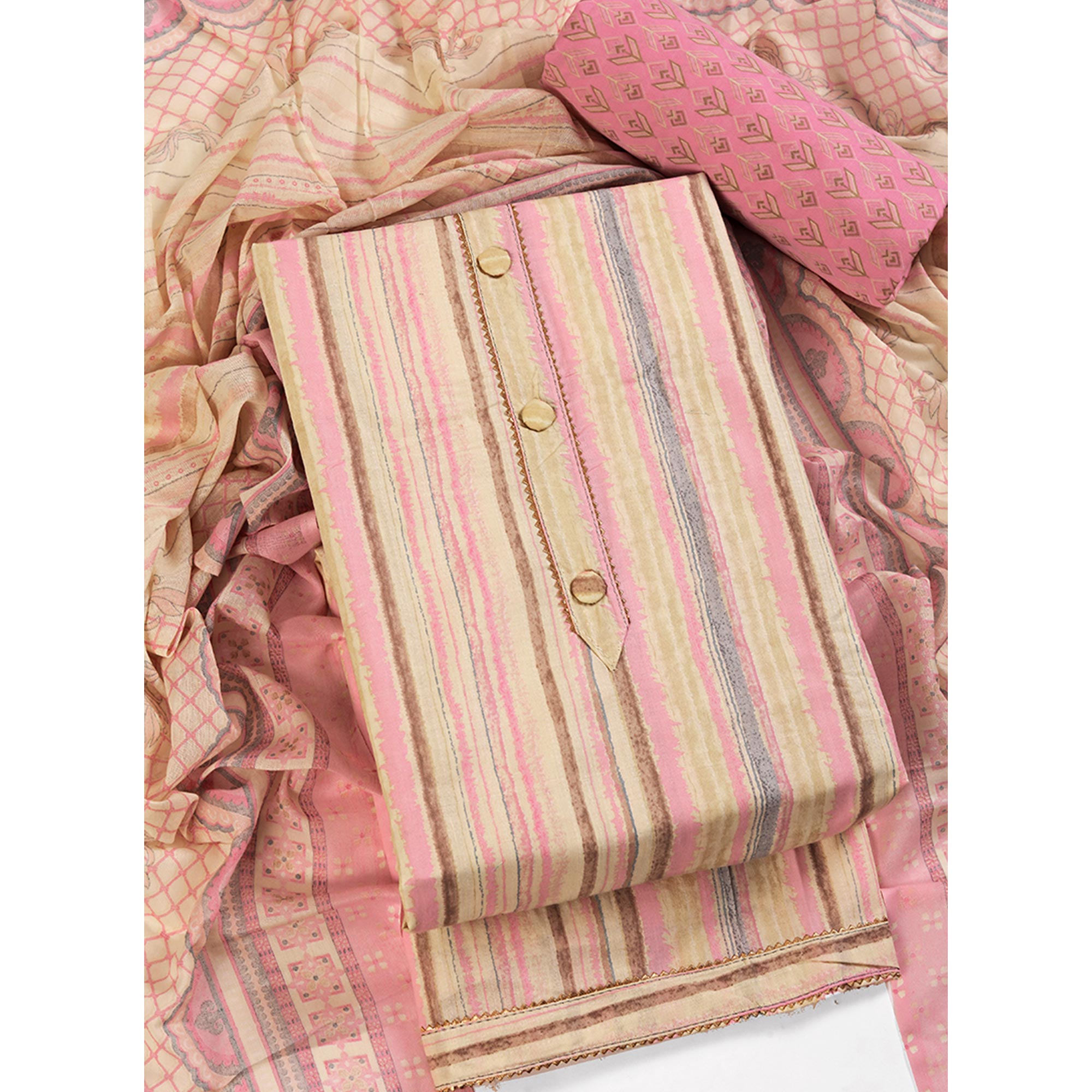 Classic Striped Design in Soft Pink Pure Cotton Unstitched Dress Material