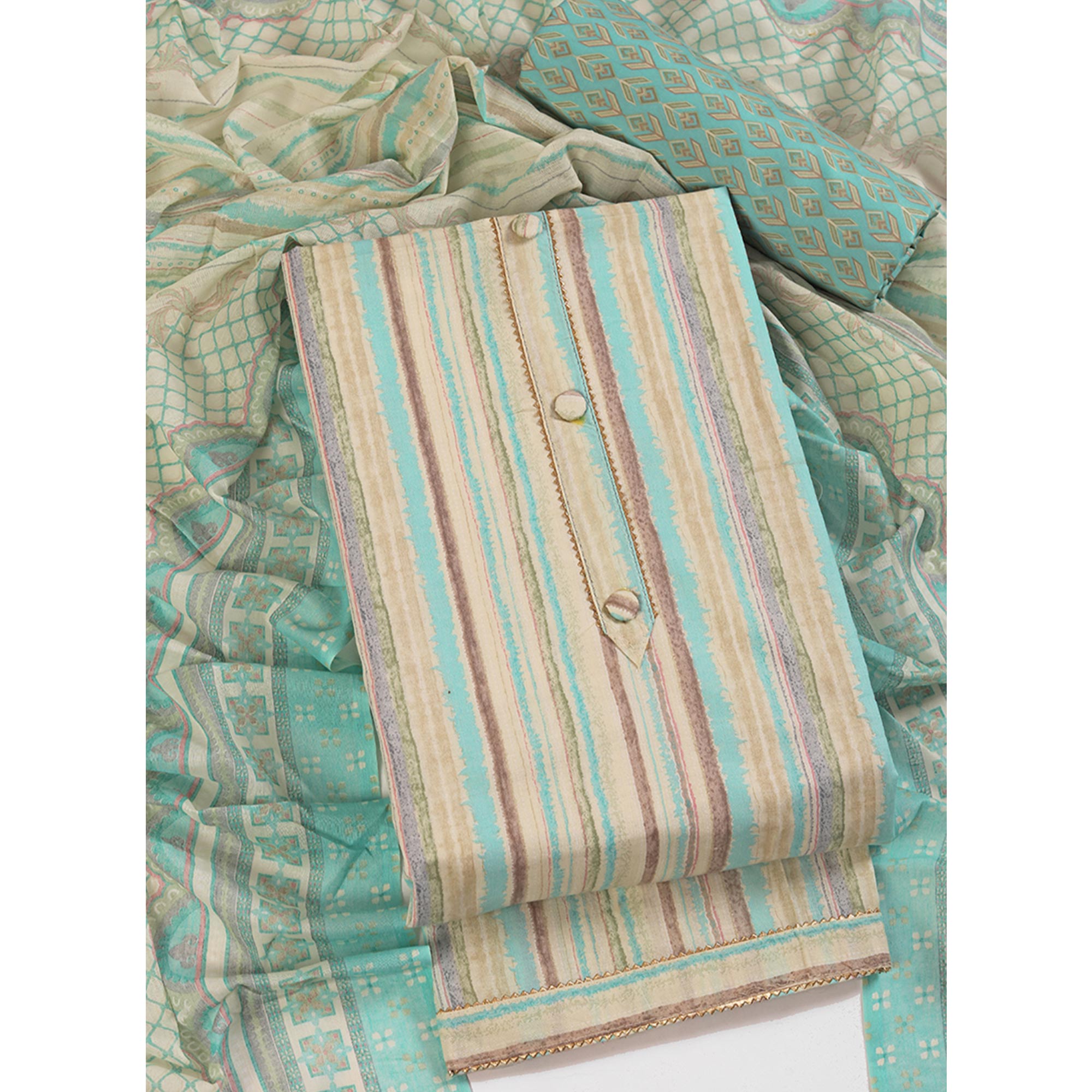 Classic Striped Design in Soft Sea Green Pure Cotton Unstitched Dress Material