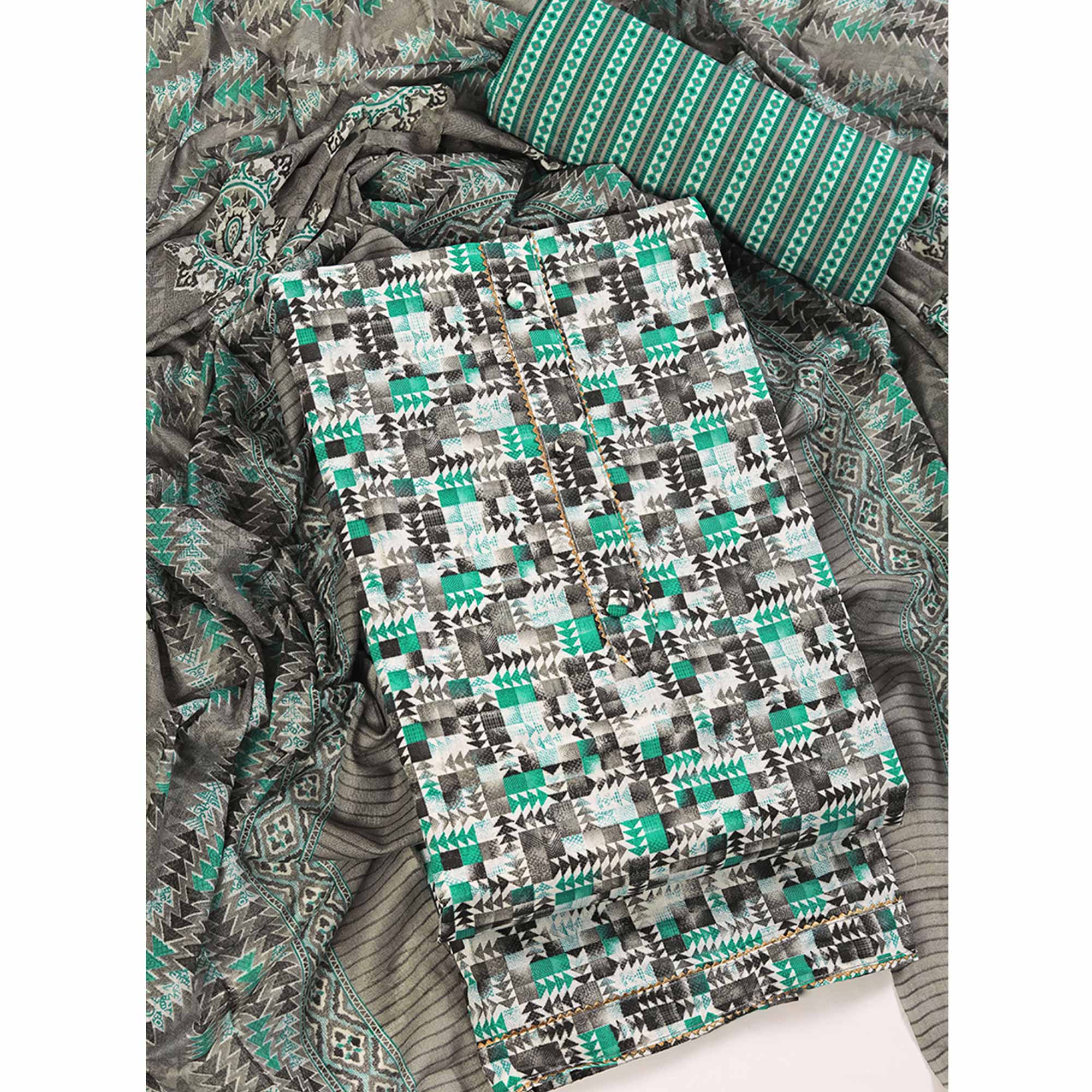 Cotton Dress Material Featuring a Grey and Rama Green Palette with Artistic Geometric Patterns
