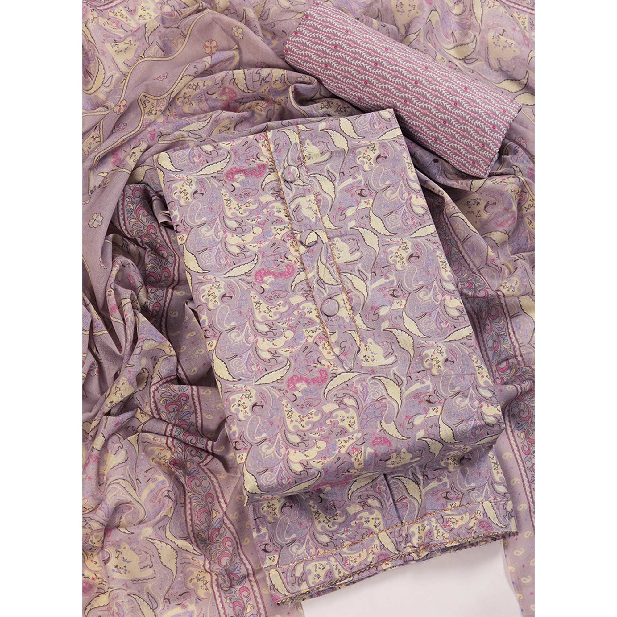 Floral Elegance in Light Purple Pure Cotton Unstitched Dress Material