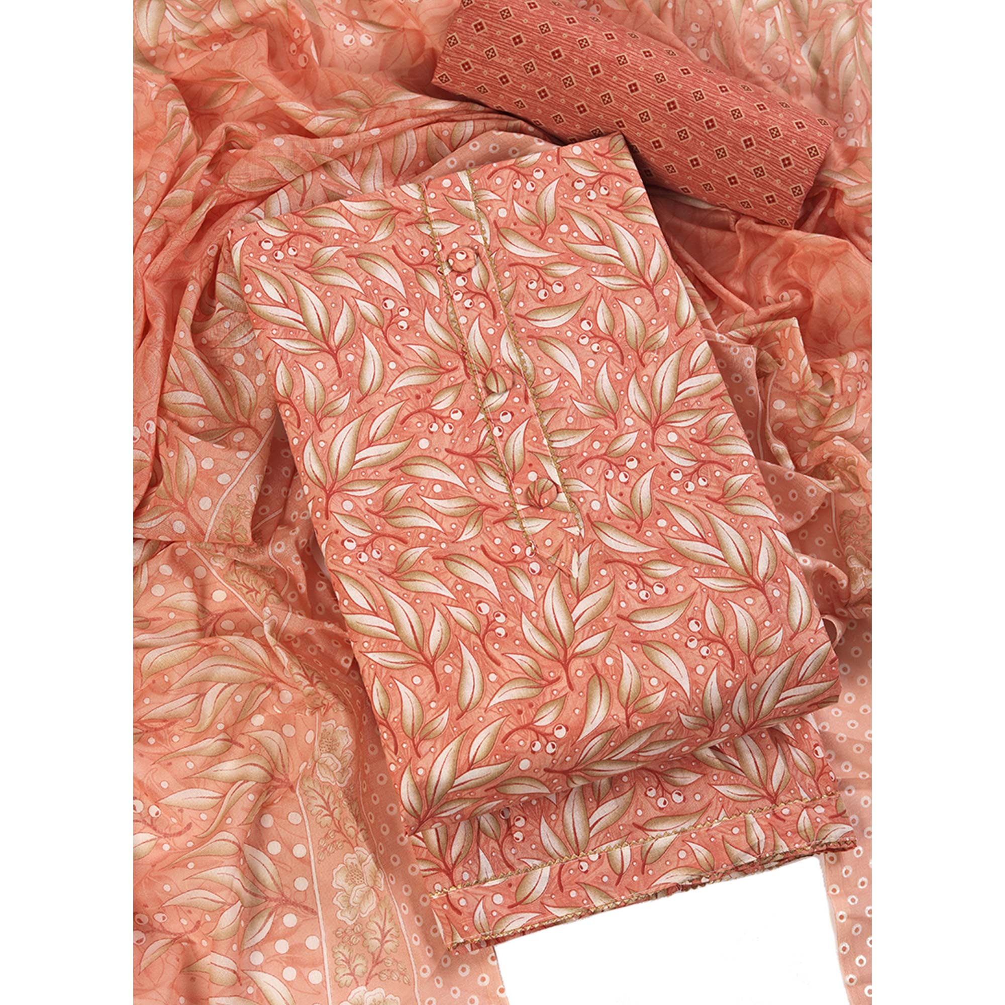 Pure Cotton Dress Material in Soothing Peach with Artistic Floral Prints