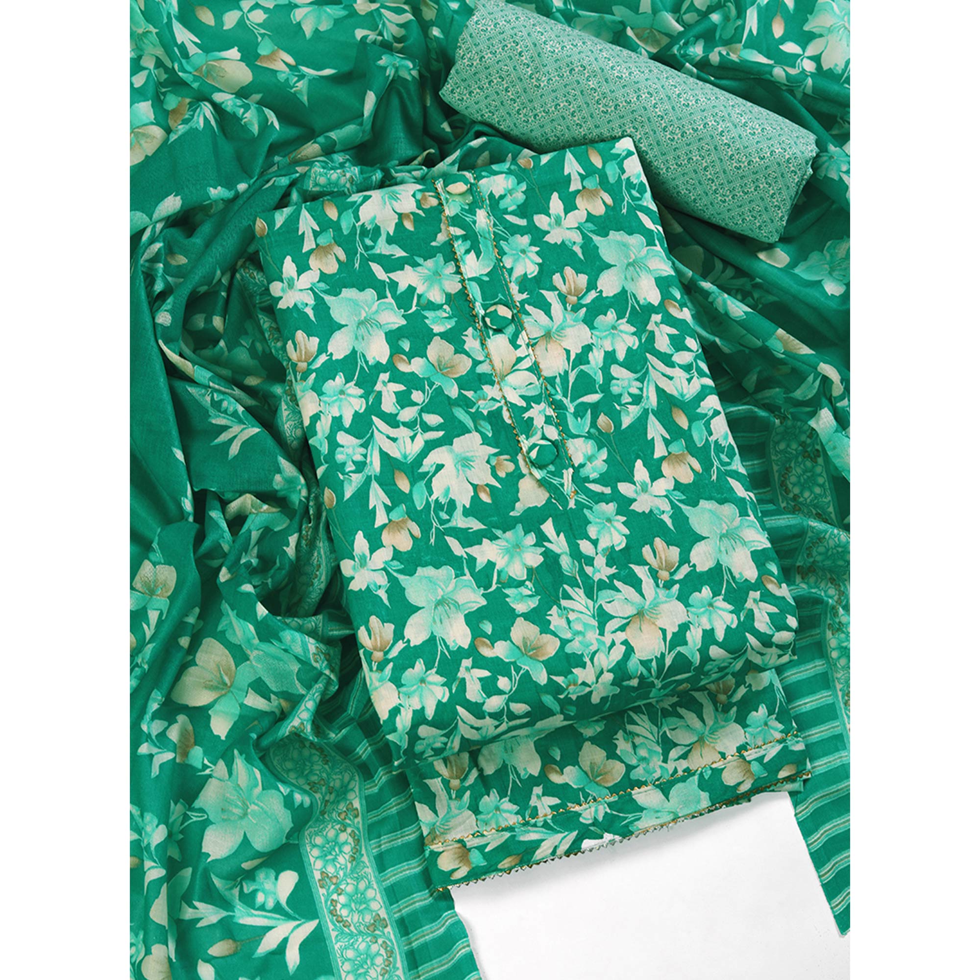 Green Floral Motif Printed Dress Material for Effortless Elegance
