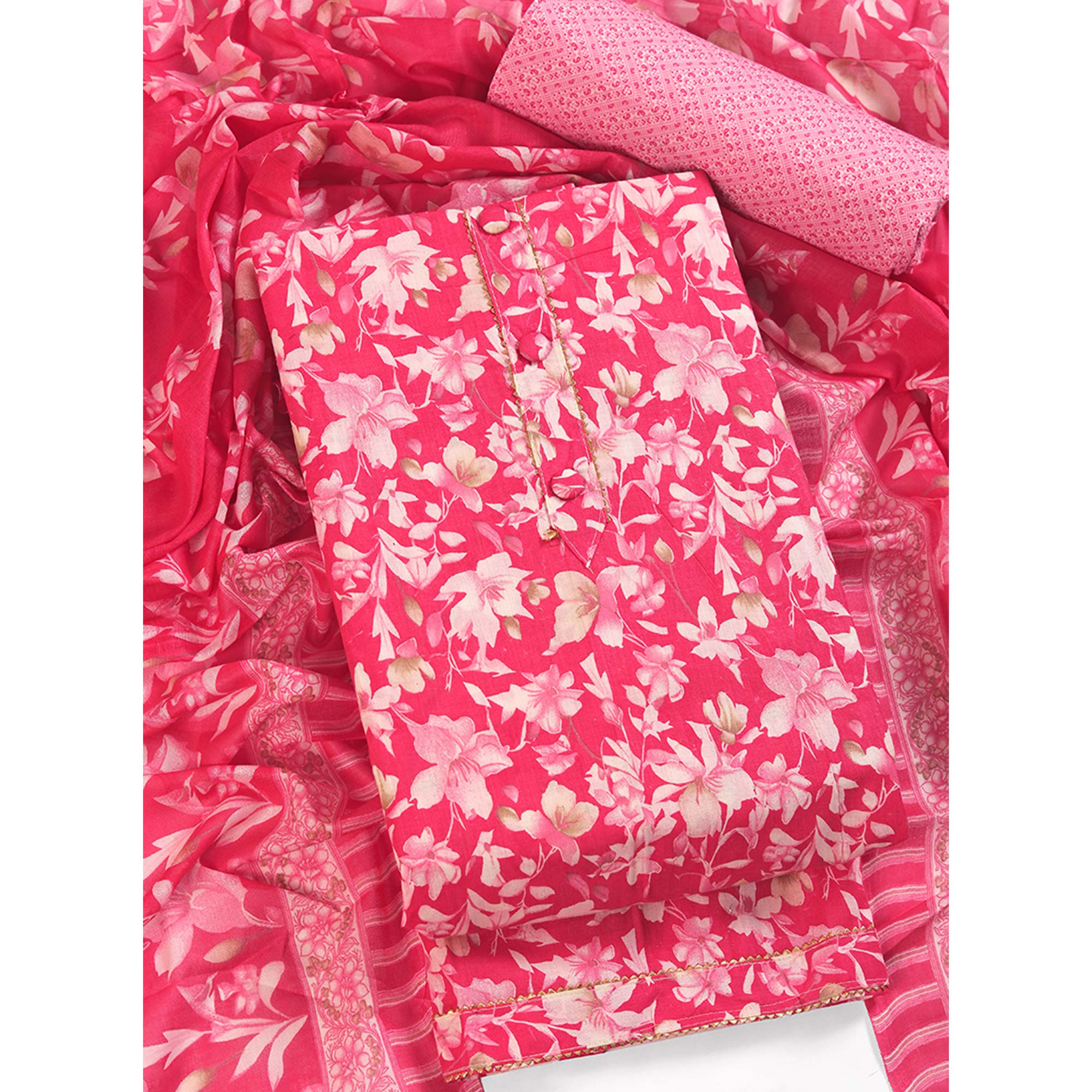Chic Pink Floral Motif Printed Dress Material for Effortless Elegance