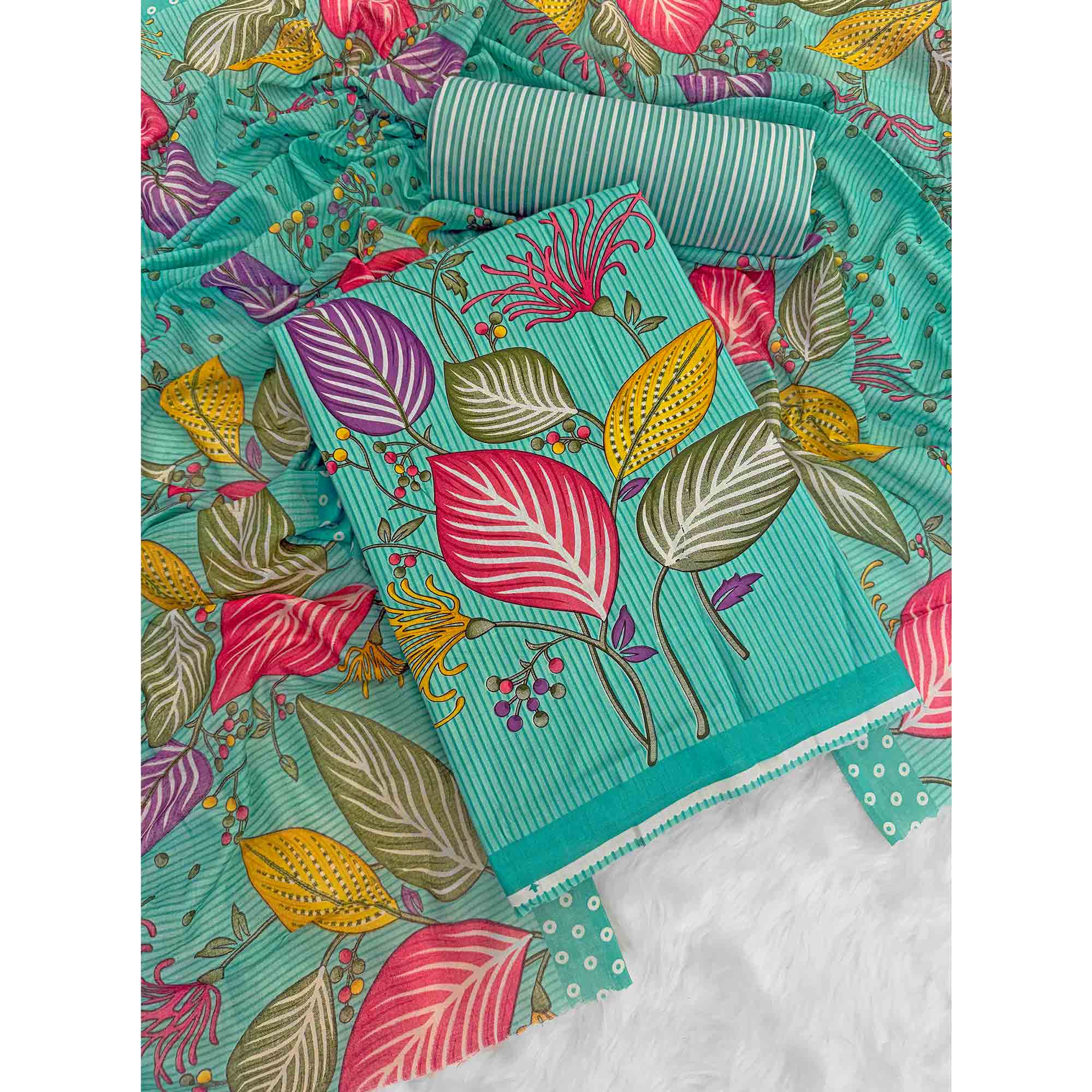 Turquoise Floral & Striped Printed Pure Cotton Dress Material With Elegant Detailing