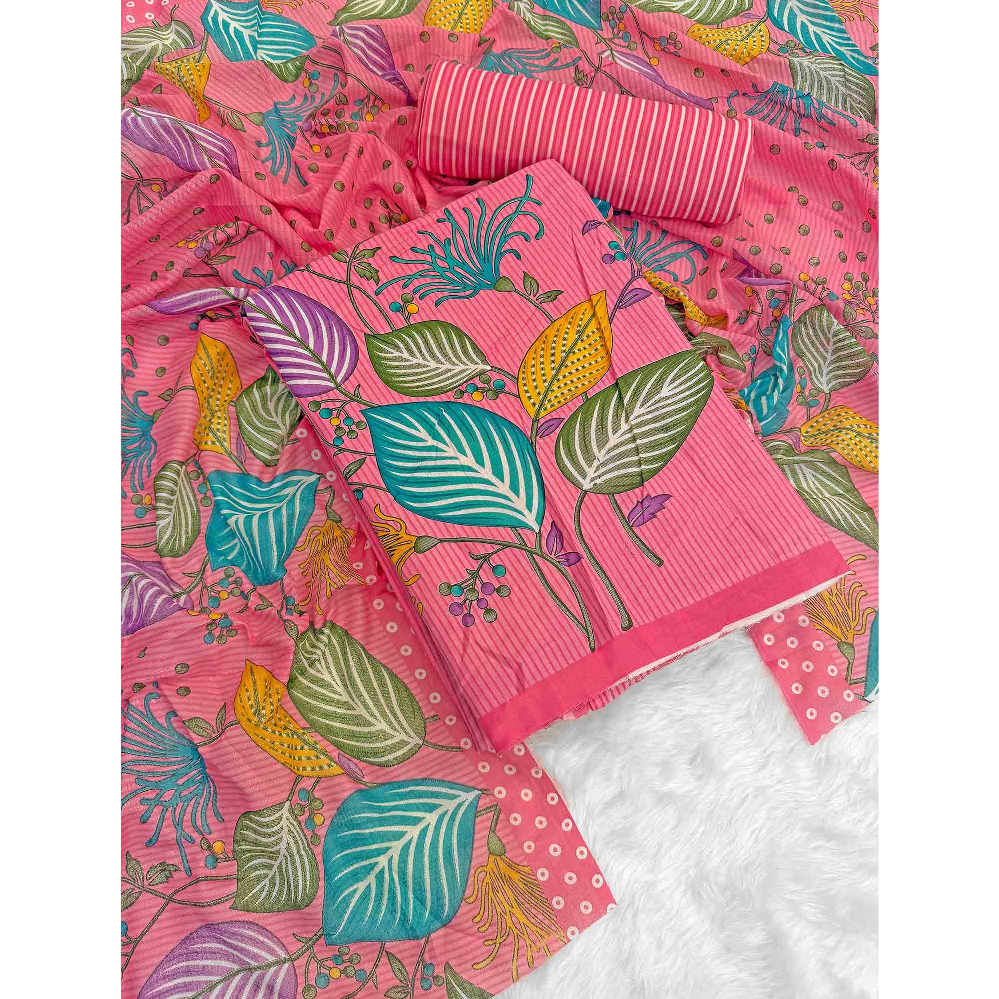 Pink Floral & Striped Printed Pure Cotton Dress Material With Elegant Detailing